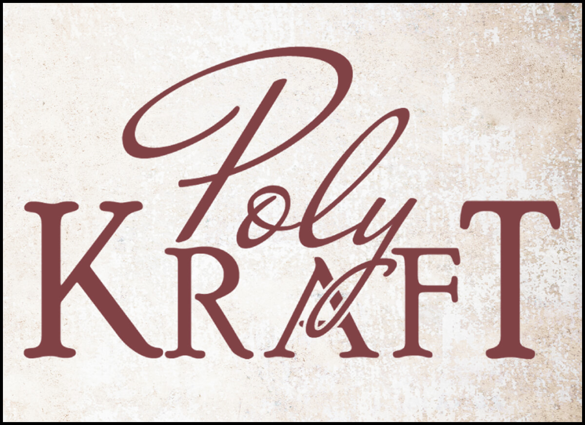 The image shows the words "Poly Kraft" in stylized, dark red lettering on a textured, beige background.