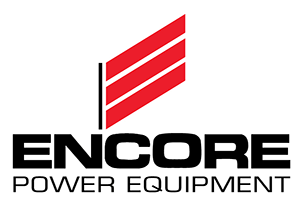 Logo of Encore Power Equipment featuring three red diagonal lines forming an abstract "E" above the company name in bold black text.