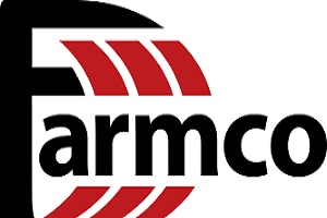 Logo featuring the word "Farmco" with the letter "F" stylized in black and red stripes.