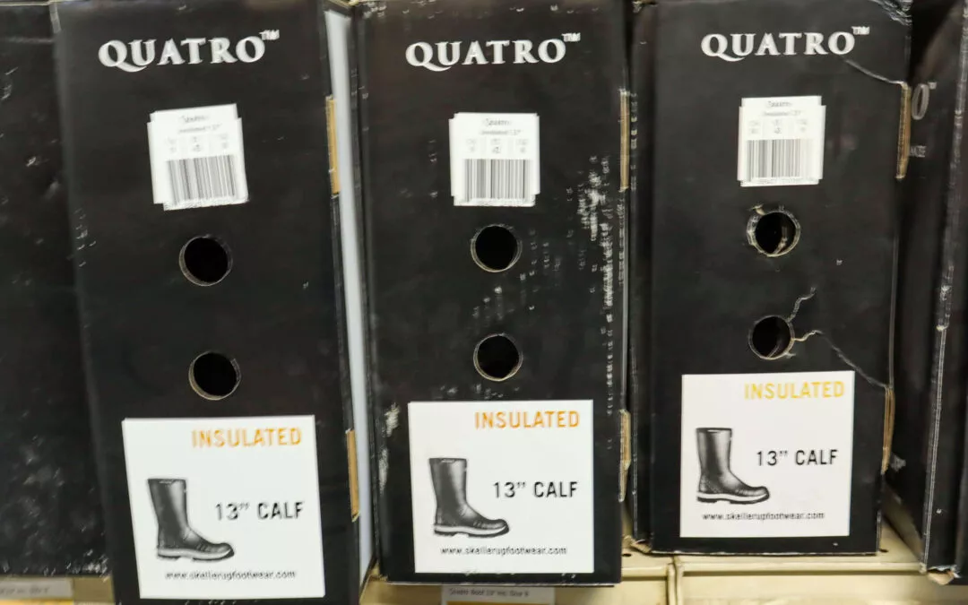 Chippewa Vallaey Dairy Supply Stanley, WI Boxes of Quatro insulated boots with 13-inch calf design displayed on a shelf.