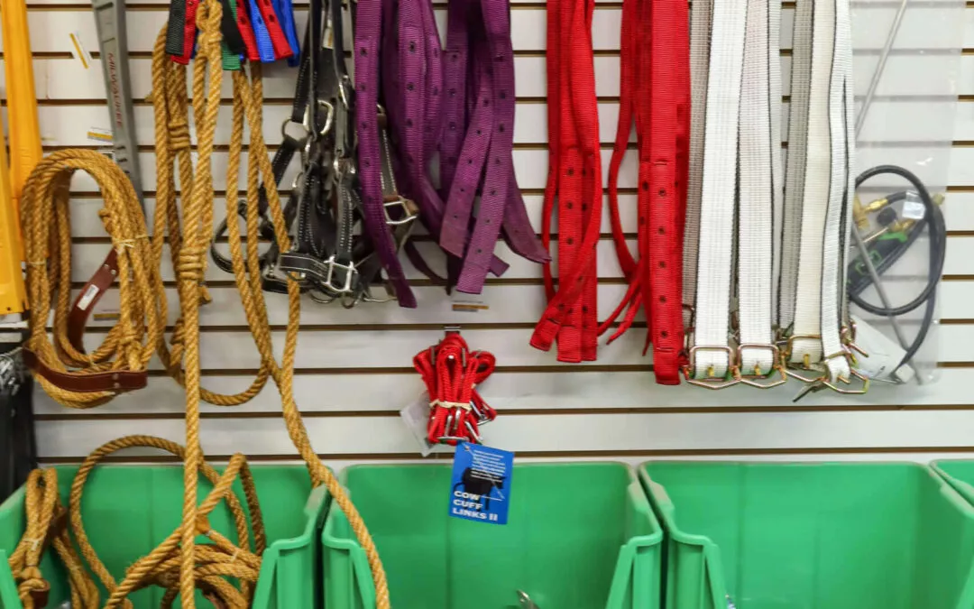 Chippewa Vallaey Dairy Supply Stanley, WI Shelves with green bins holding various metal tools; ropes and colorful straps hang from hooks on a white slat wall above.
