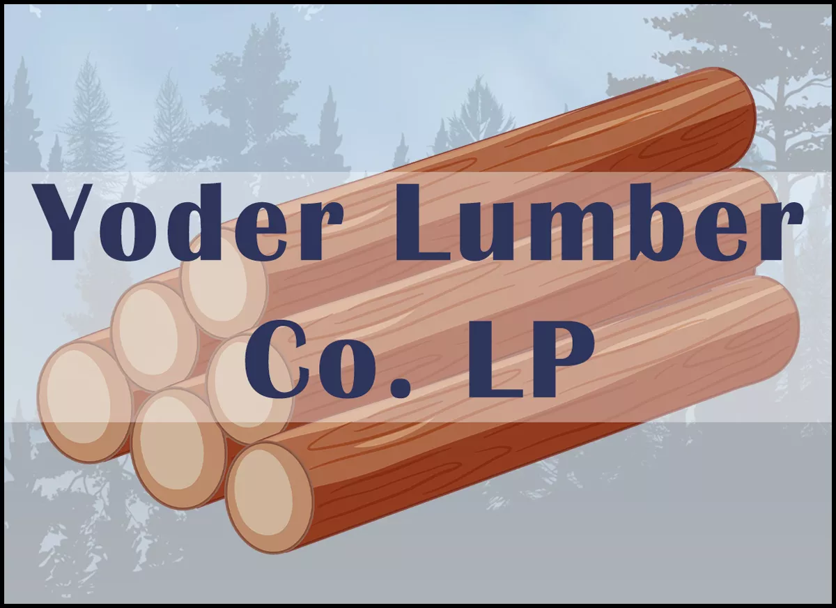 Yoder Lumber Co McAlisterville, PA Logo of Yoder Lumber Co. LP featuring a stack of wooden logs on a background with silhouettes of trees.