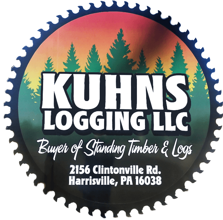 4.2.25 Kuhns Logging Logo Circular saw blade design with "Kuhns Logging LLC" text. Background features trees and sunset. Includes address: 2156 Clintonville Rd, Harrisville, PA 16038.