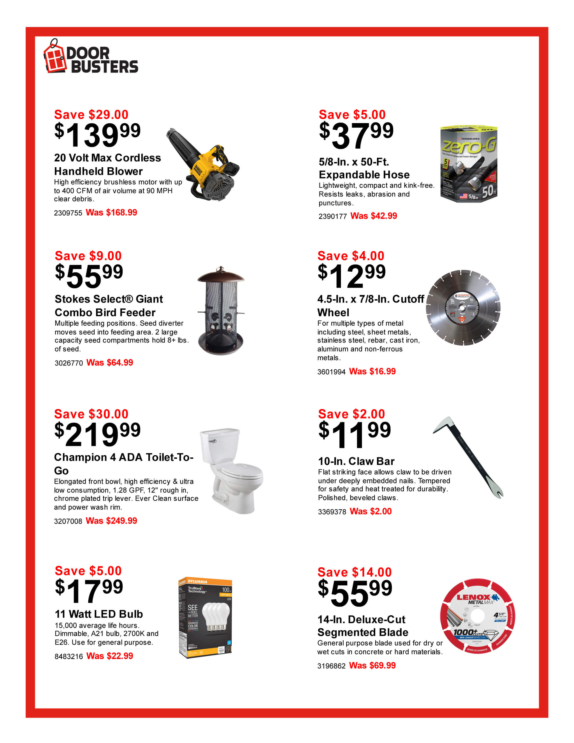 A sales flyer displays discounted hardware items, including a leaf blower, expandable hose, bird feeder, saw blade, toilet, LED bulb, pry bar, and garden hose with images and prices.