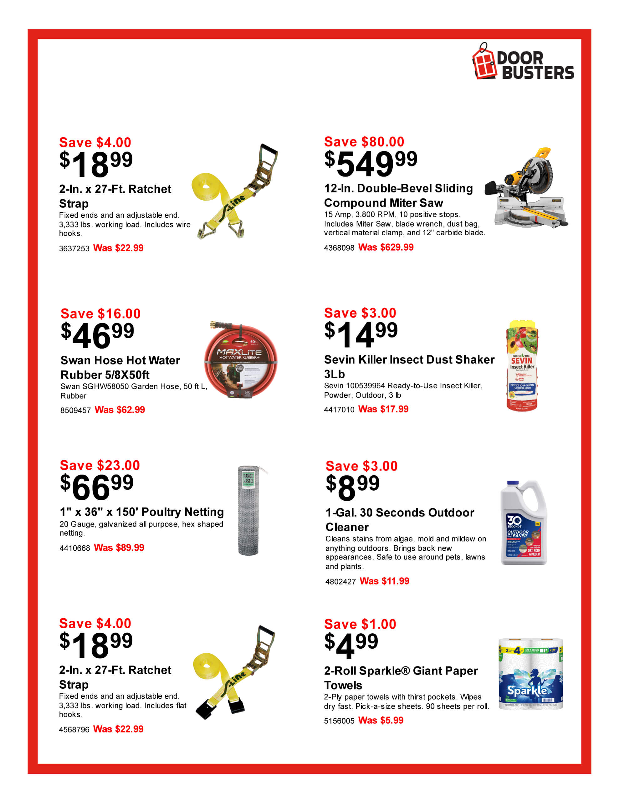 A promotional flyer featuring discounted tools, garden items, cleaning products, and paper towels with product images, sale prices, original prices, and savings in bold text.