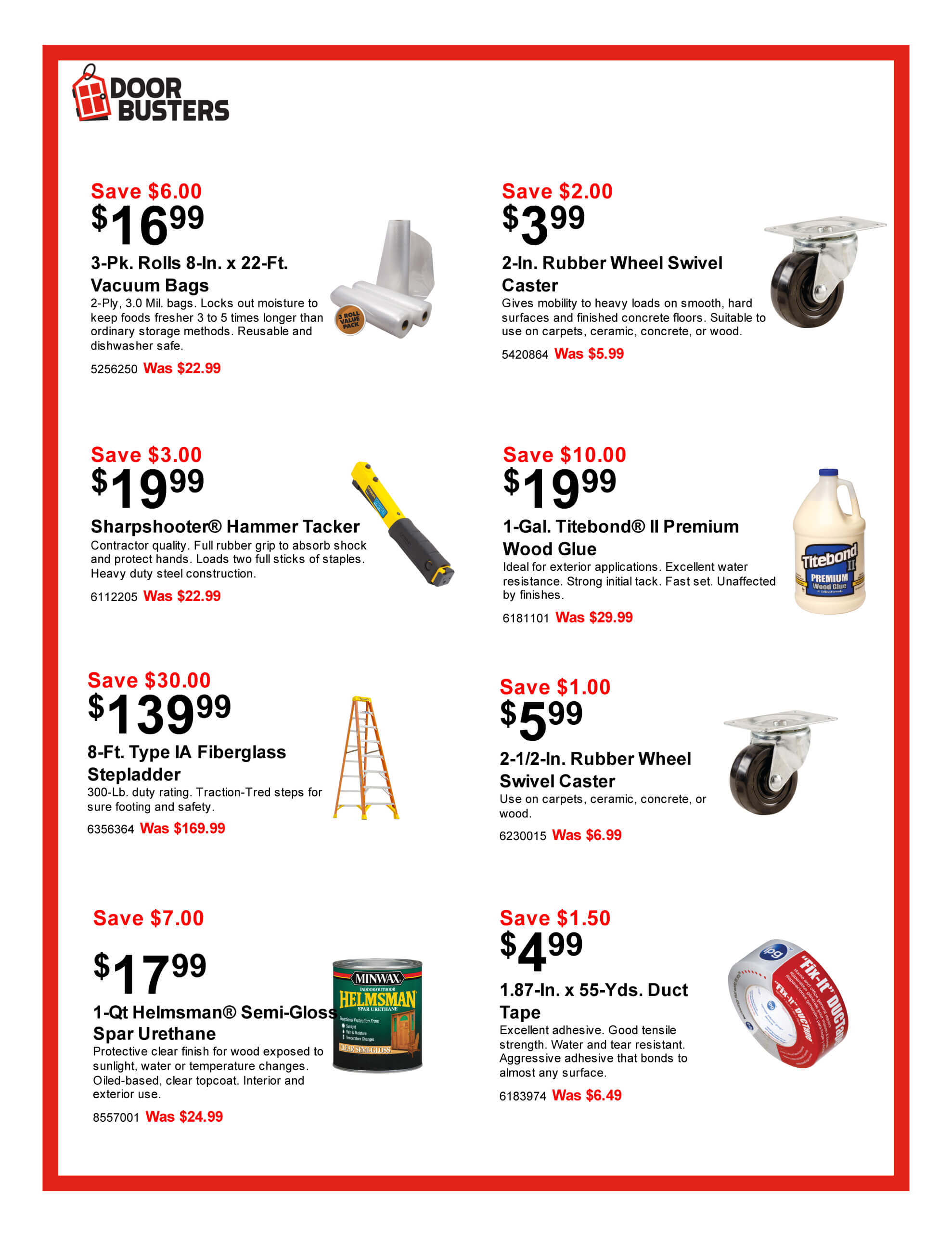 Promotional flyer featuring discounted prices on tools and hardware items, including a bag, casters, tacker, caulk, fiberglass, wood finish, and duct tape.
