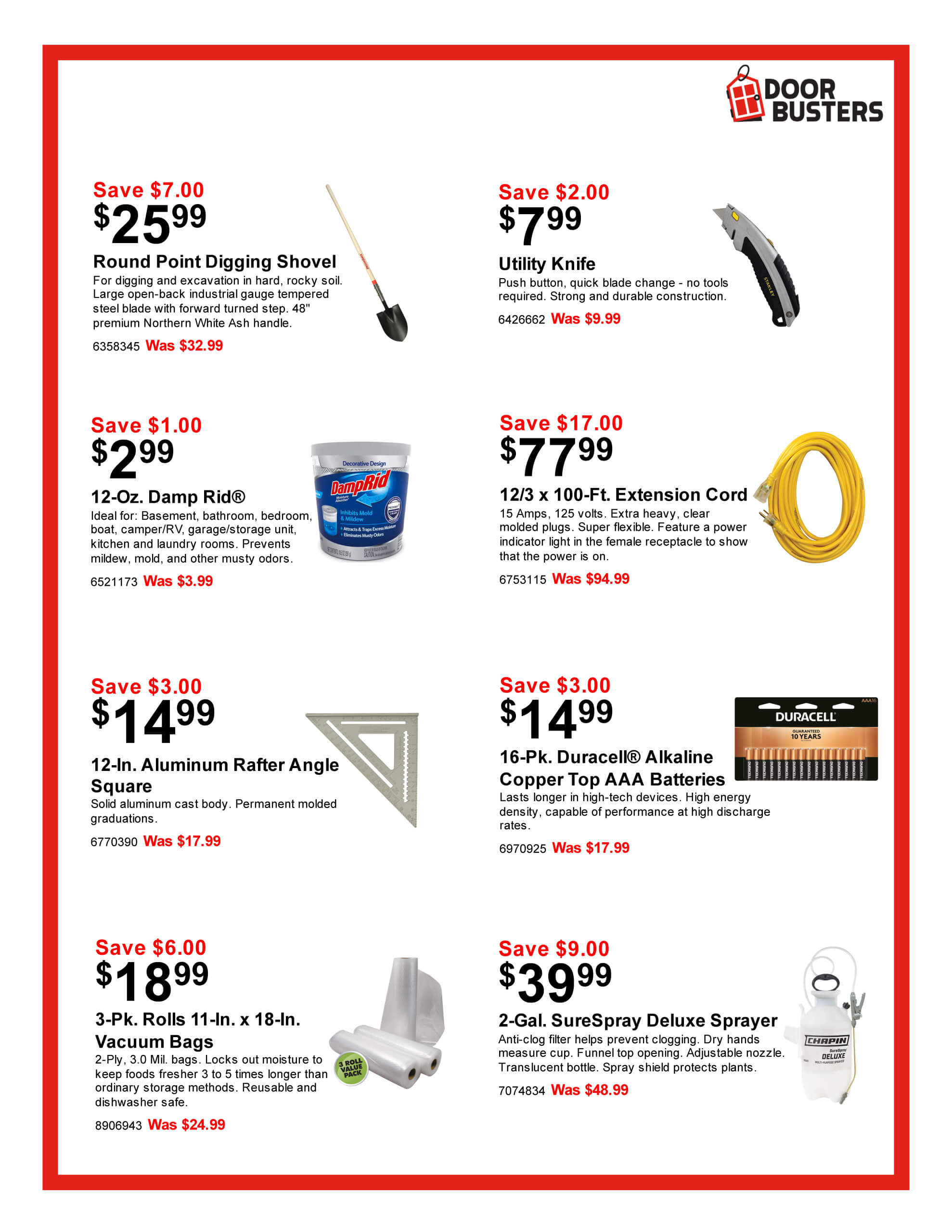 A store ad page displays discounted hardware items, including a shovel, utility knife, damp rid, extension cord, rafter angle, batteries, shelf liner, and a sprayer.