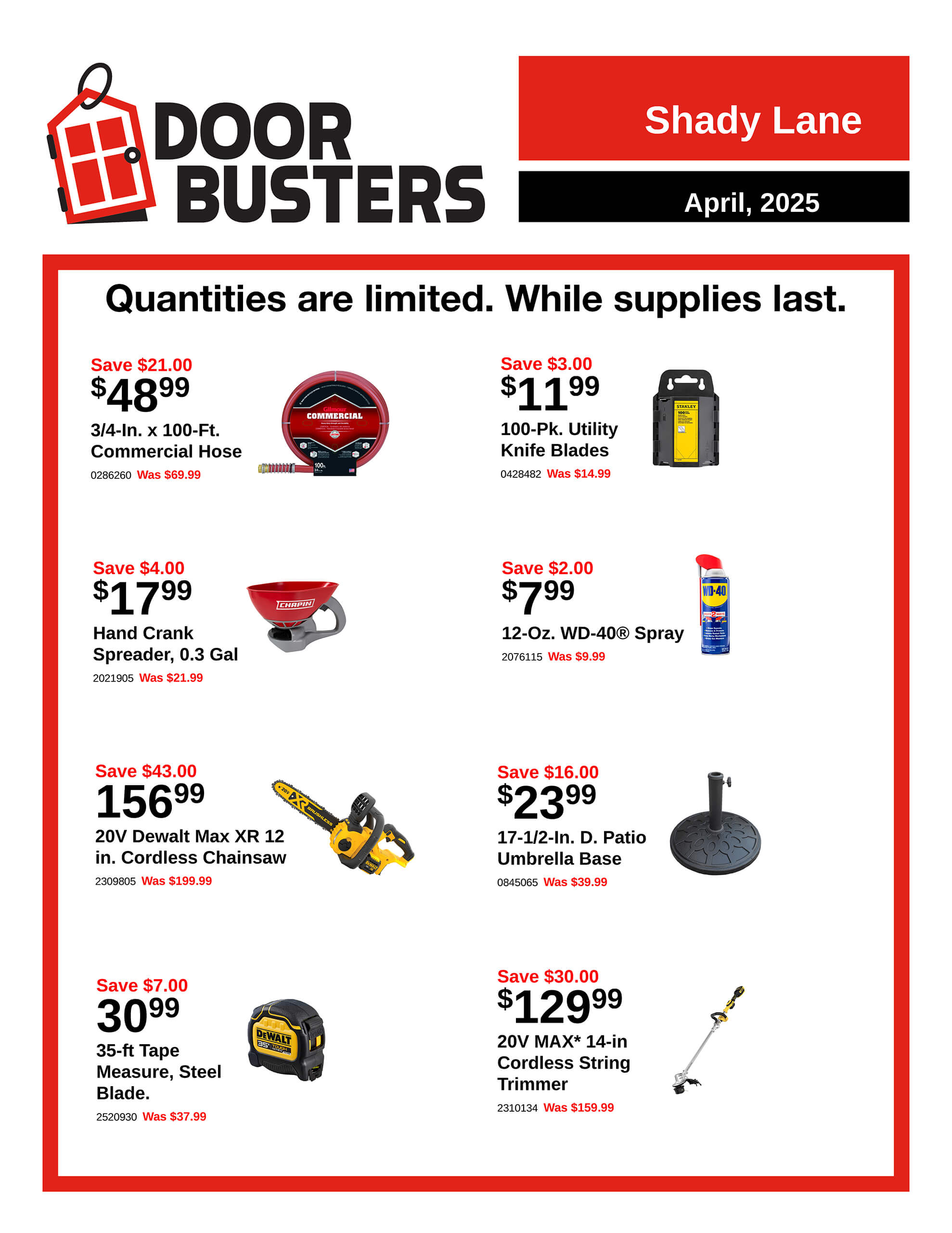 Promotional flyer featuring discounted tools and hardware, including utility knife blades, chainsaw, string trimmer, and others, all with listed original and sale prices.