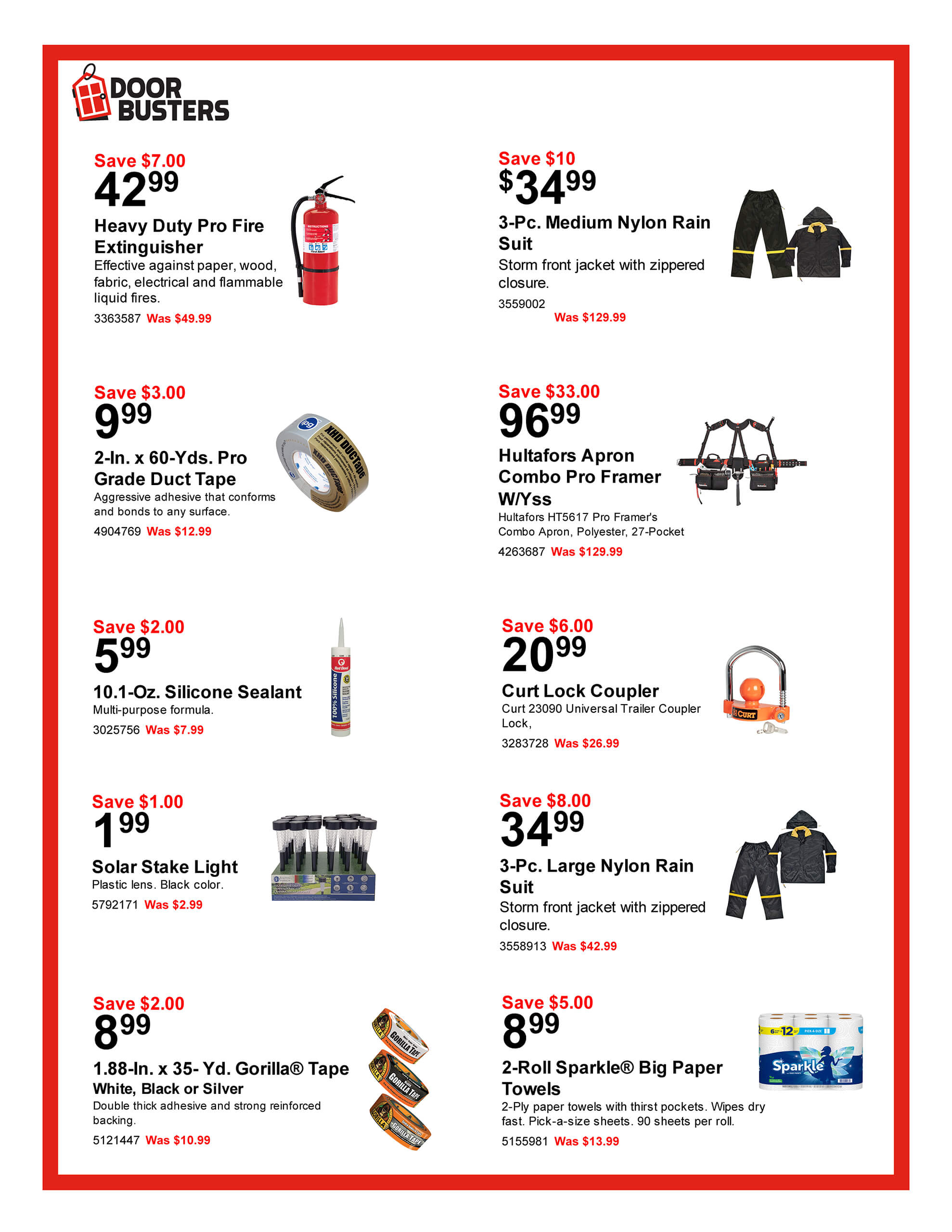 Promotional flyer featuring discounts on various safety and utility products, including a fire extinguisher, rain suit, duct tape, apron, silicone sealant, coupler, lights, and cleaning supplies.