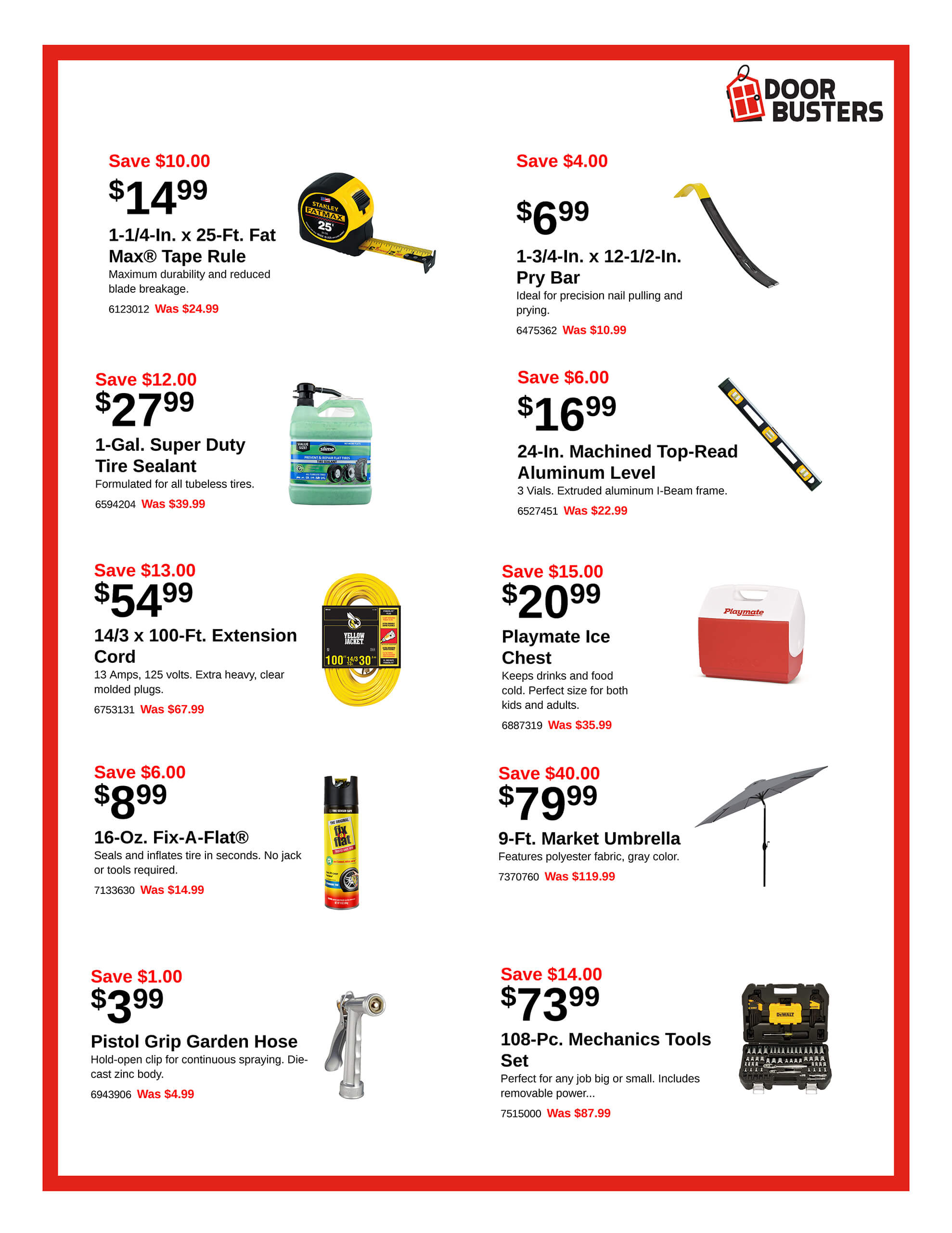 Promotional flyer featuring tools and accessories, including a tape measure, sealant, extension cord, ice chest, and more, each with discounted prices and savings highlighted in red.