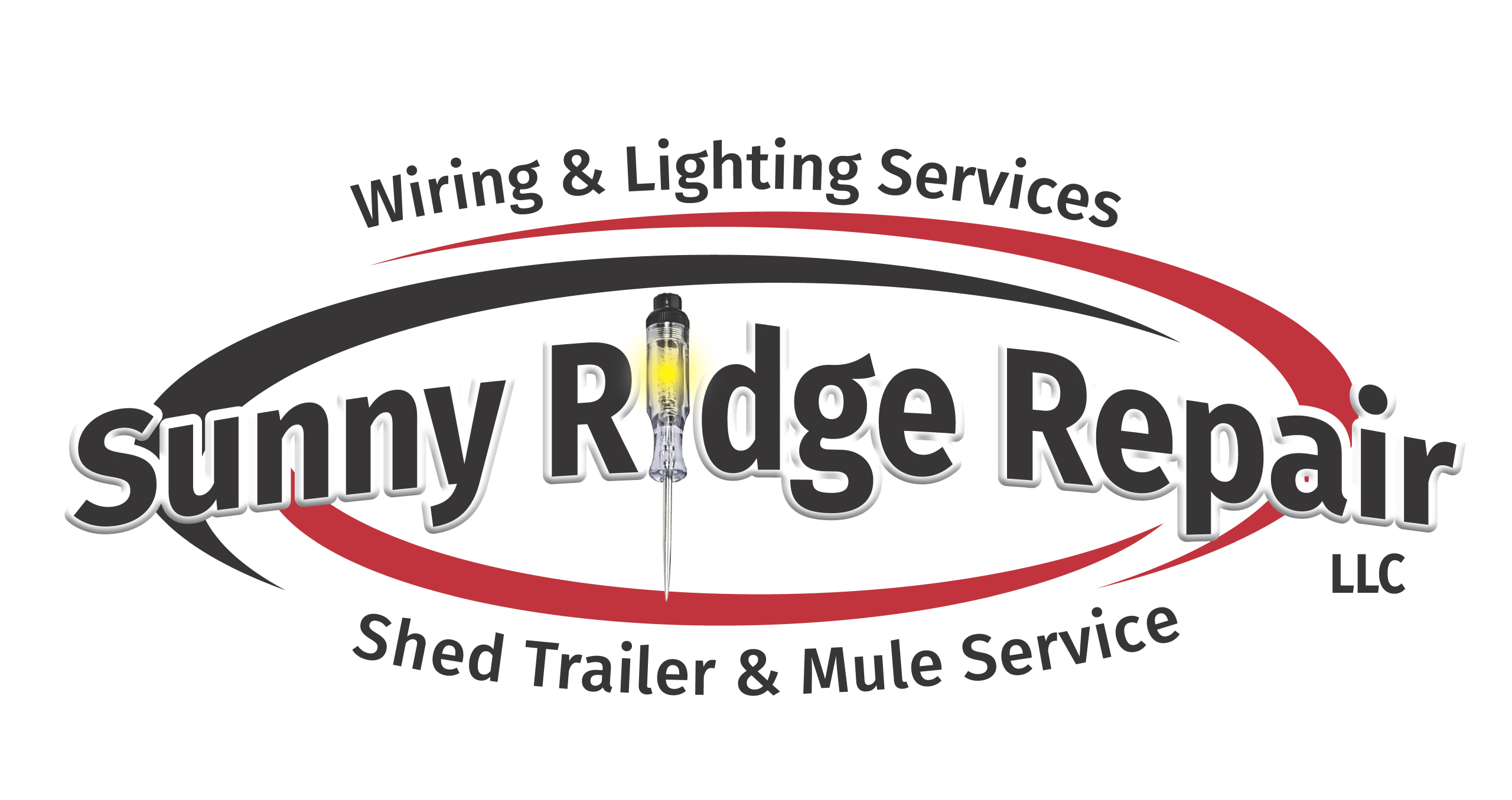 5.1.25 Sunny Ridge Repair Logo Logo for Sunny Ridge Repair LLC, featuring a screwdriver as the "I" in "Ridge," with text: "Wiring & Lighting Services" and "Shed Trailer & Mule Service.