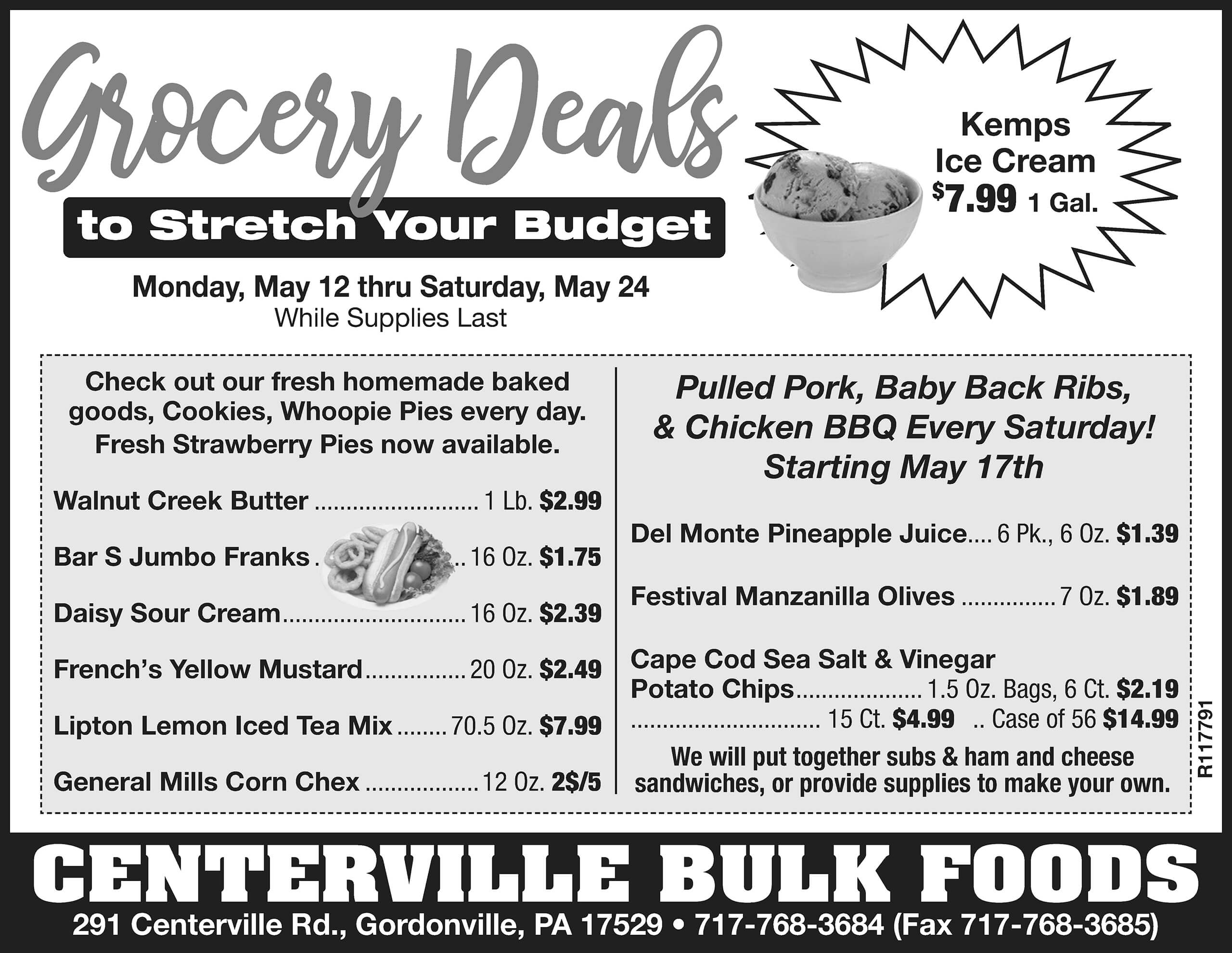 Black-and-white grocery store ad listing food specials including meats, produce, ice cream, and bulk items, with prices and store information at the bottom.