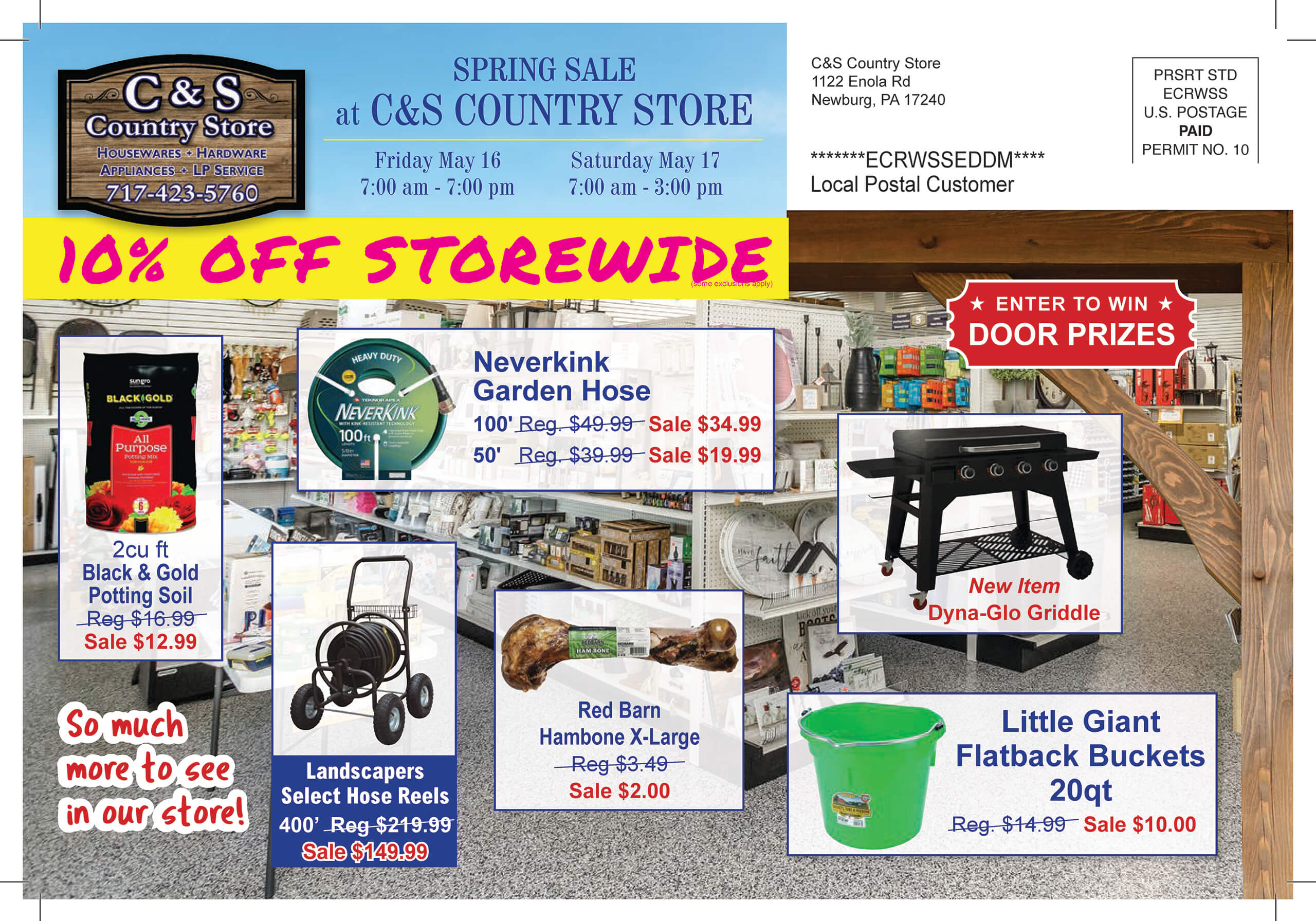C&S Country Store spring sale flyer showing 10% off storewide, product deals on hoses, grills, bird baths, potting soil, and information about door prizes and store hours.