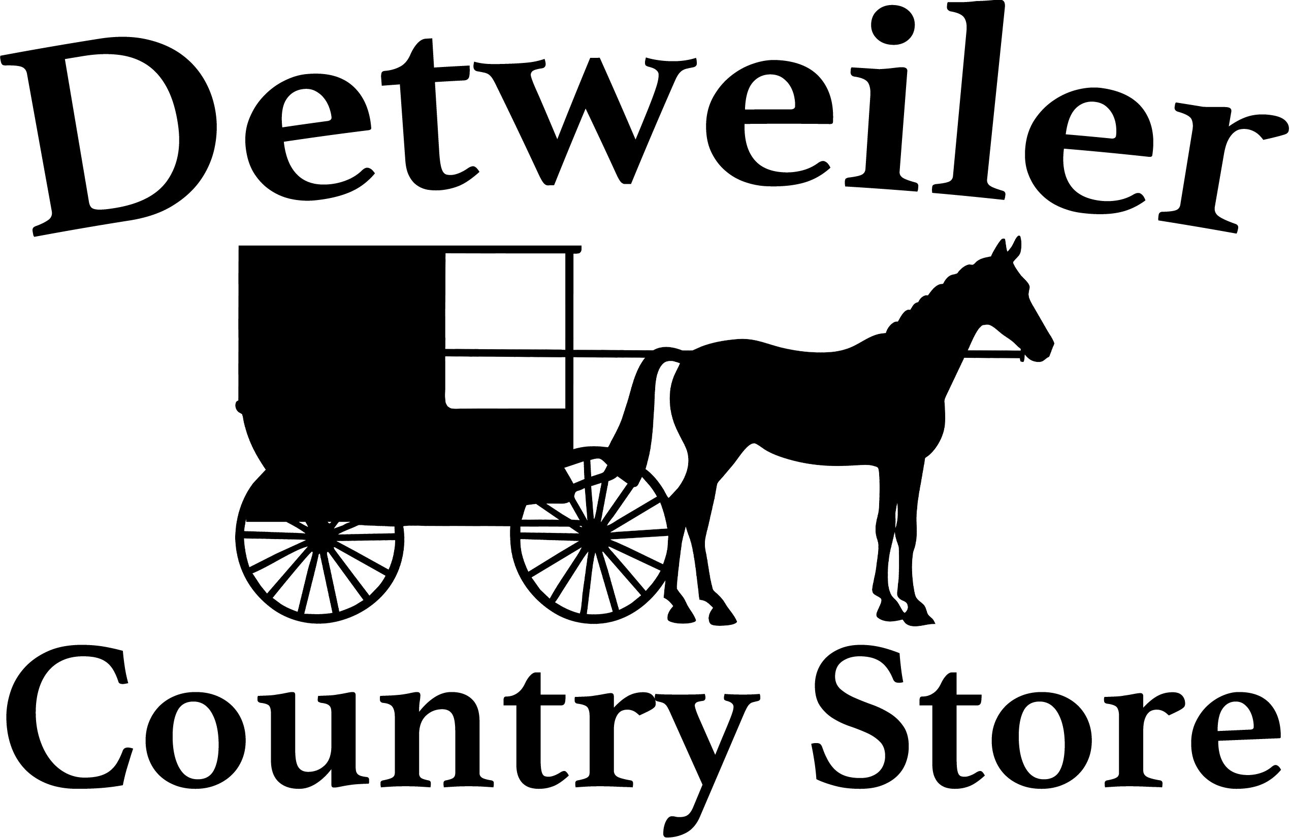 Black and white outline of a horse harnessed to a traditional carriage with two large wheels.