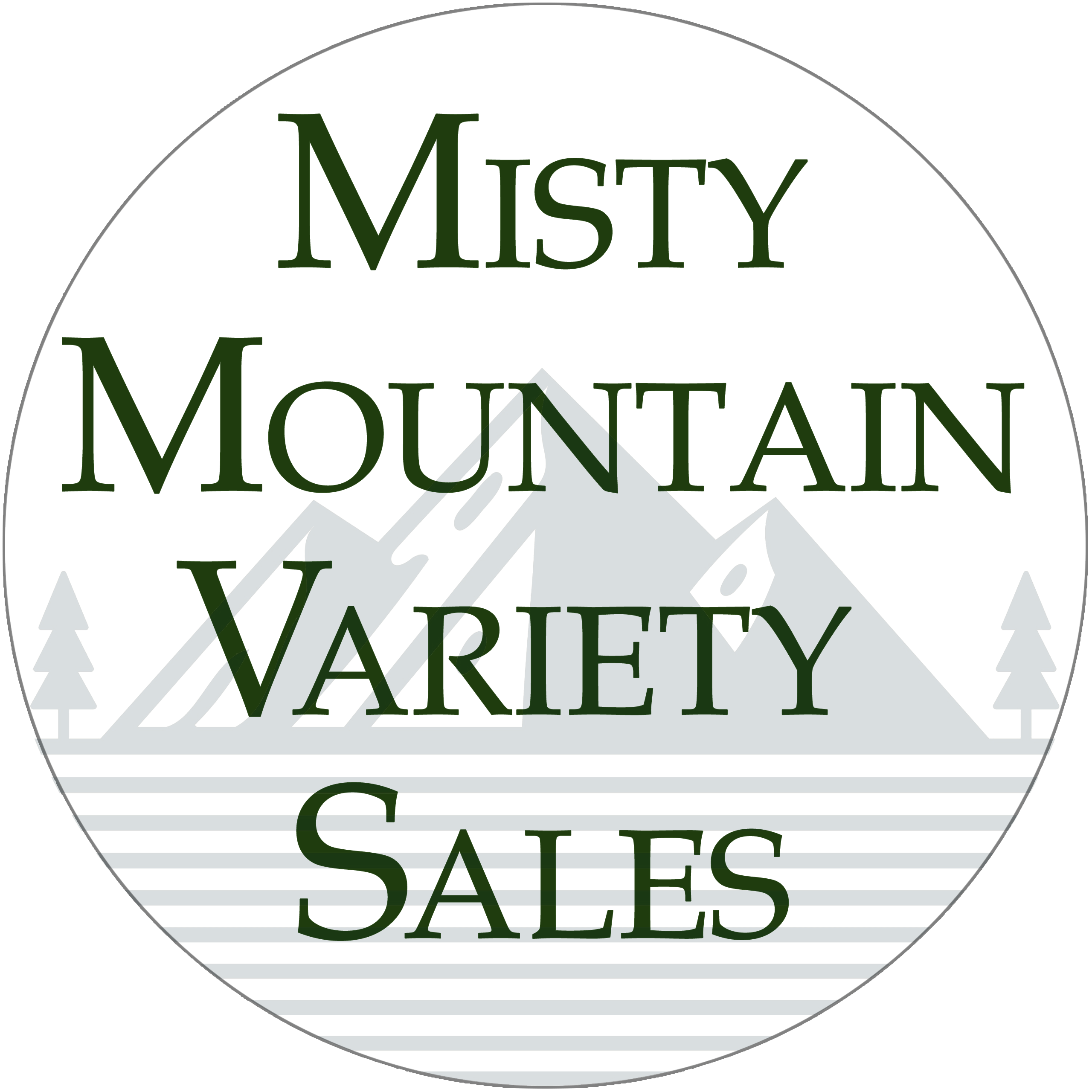 Misty Mountain Variety Sales Liberty KY Logo for Misty Mountain Variety Sales featuring stylized mountains, trees, and horizontal lines, with the business name displayed in large green text over the image.