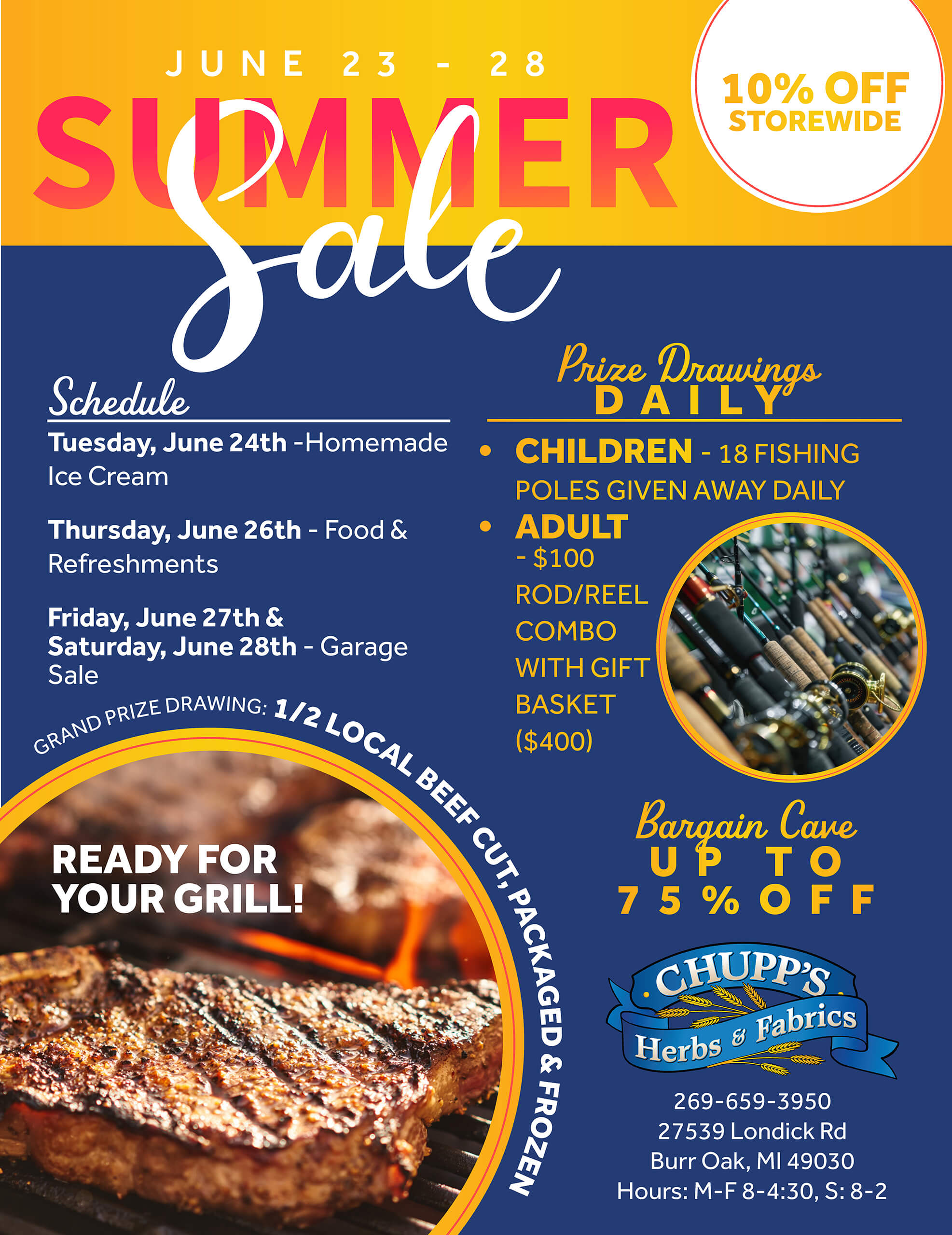 Summer Sale flyer for Chupp’s Herbs & Fabrics, featuring event dates, daily prize drawings, a grilling image, and a 10% off storewide offer. Sale runs June 23-28.