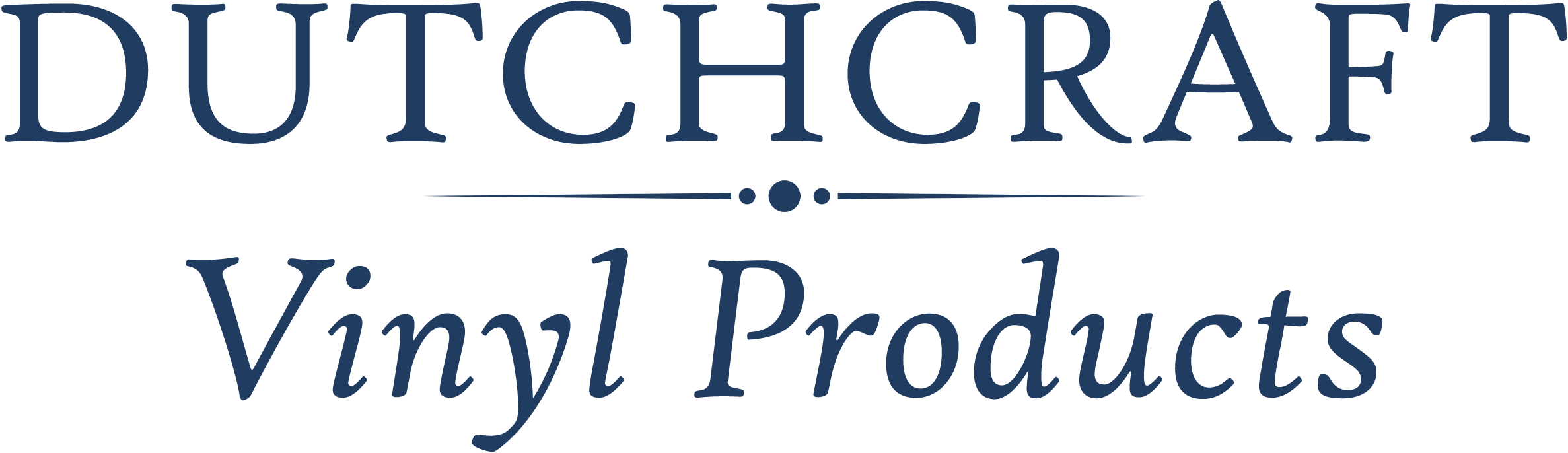 The image displays the logo for Dutchcraft Vinyl Products in dark blue serif font on a transparent background.