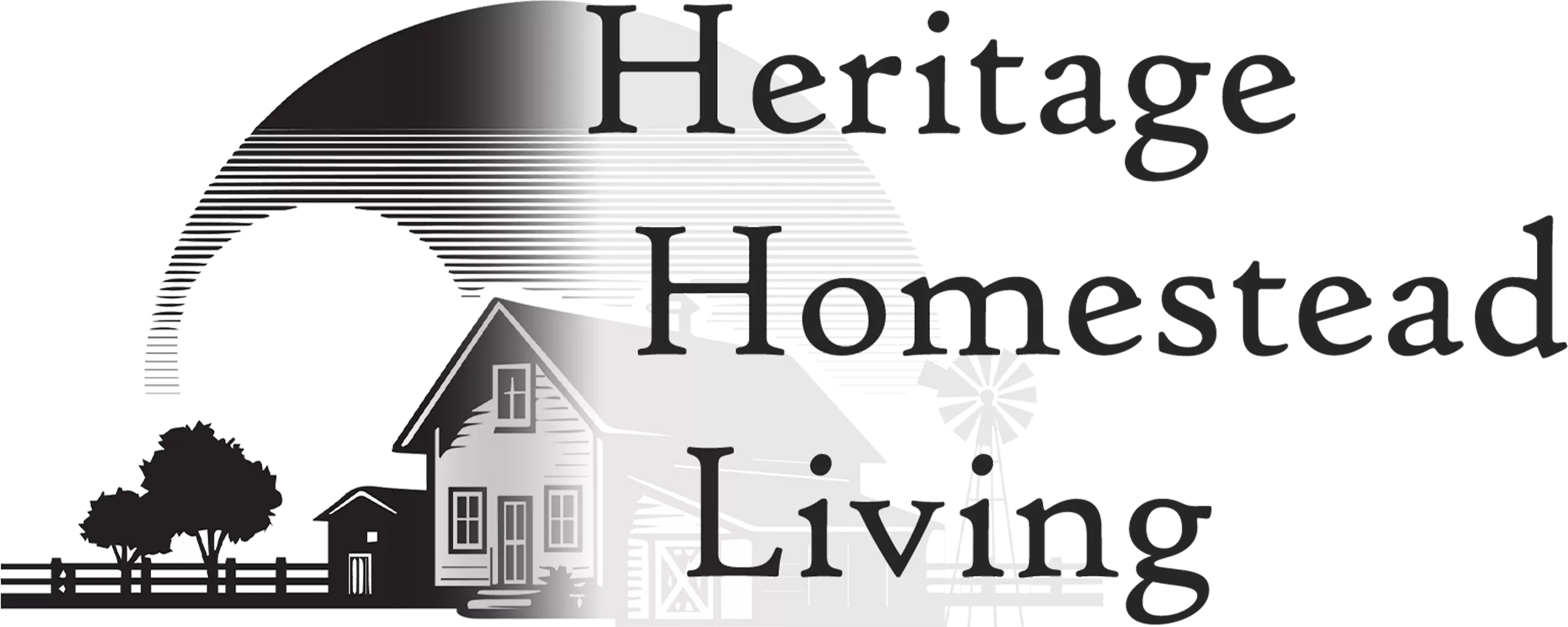 Heritage Homestead Living Medina NY Belfast NY Black and white drawing of a barn, tree, windmill, and fence with a large shaded sun in the background; overlaid text reads "Heritage Homestead Living.