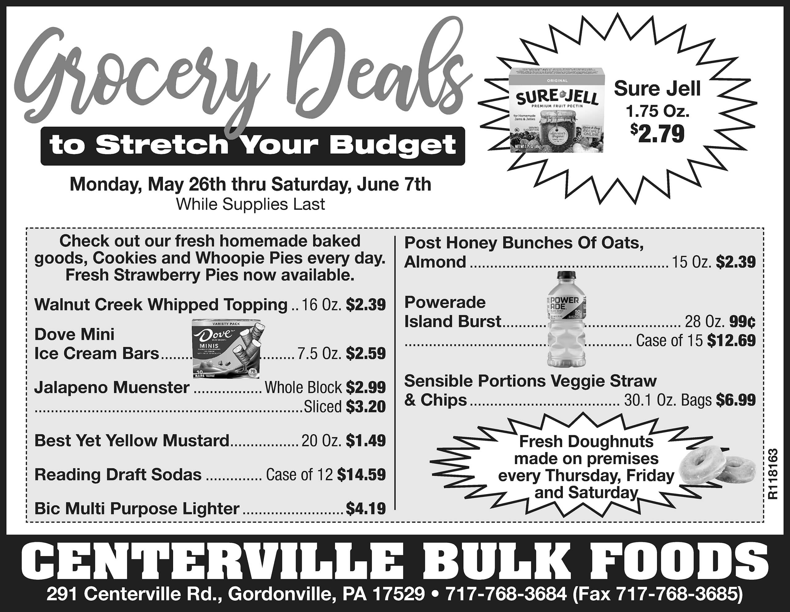 Black and white grocery ad featuring deals on homemade baked goods, snacks, Sure Jell, canned goods, drinks, and fresh doughnuts at Centerville Bulk Foods.