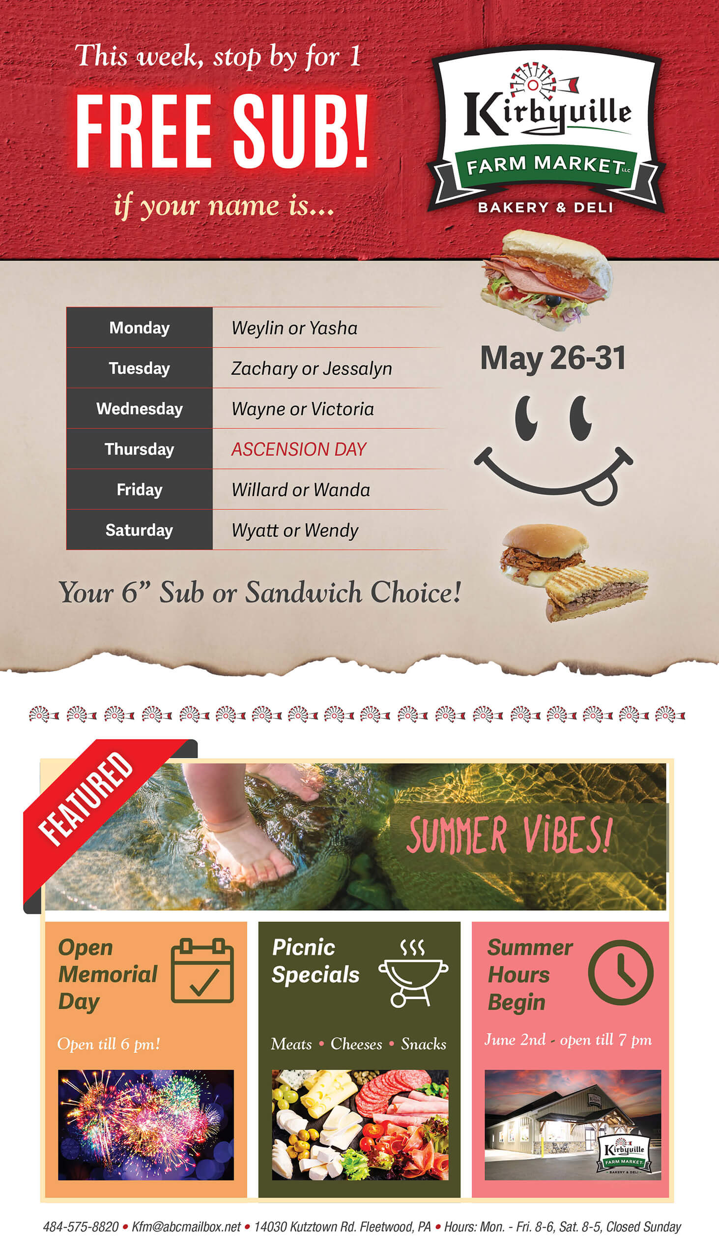 Promotional flyer for Kirbville Farm Market offering a free sub for certain names, weekly schedule, and summer hours from May 26–31, with food images and event notices.
