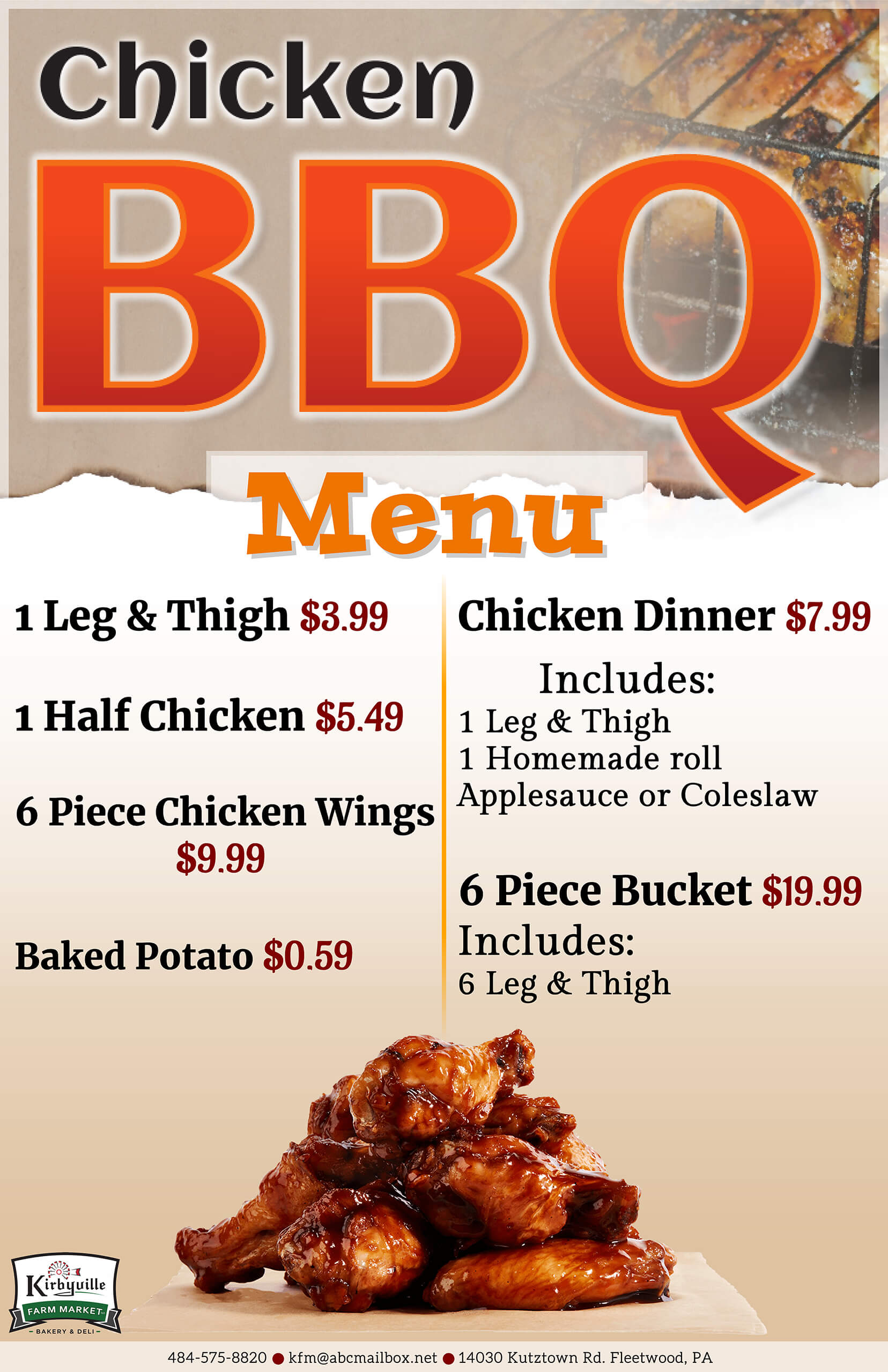Chicken BBQ menu featuring meal options and prices, including legs, thighs, wings, baked potato, chicken dinner, and a six-piece bucket, with a photo of sauced chicken wings at the bottom.