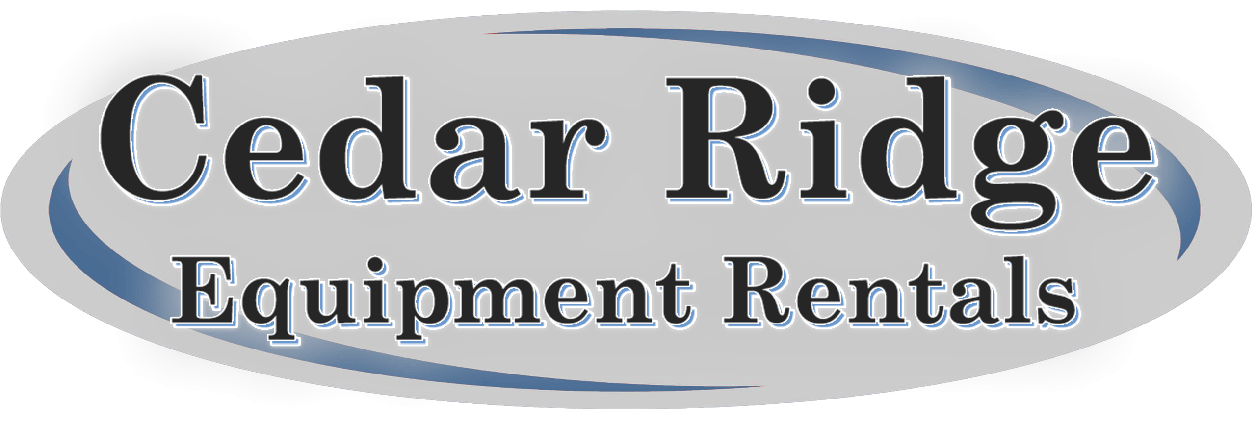 5.29.25 Cedar Ridge Equipment Rentals Logo Logo for Cedar Ridge Equipment Rentals with bold black and blue text on a gray, oval-shaped background with blue swoosh accents.