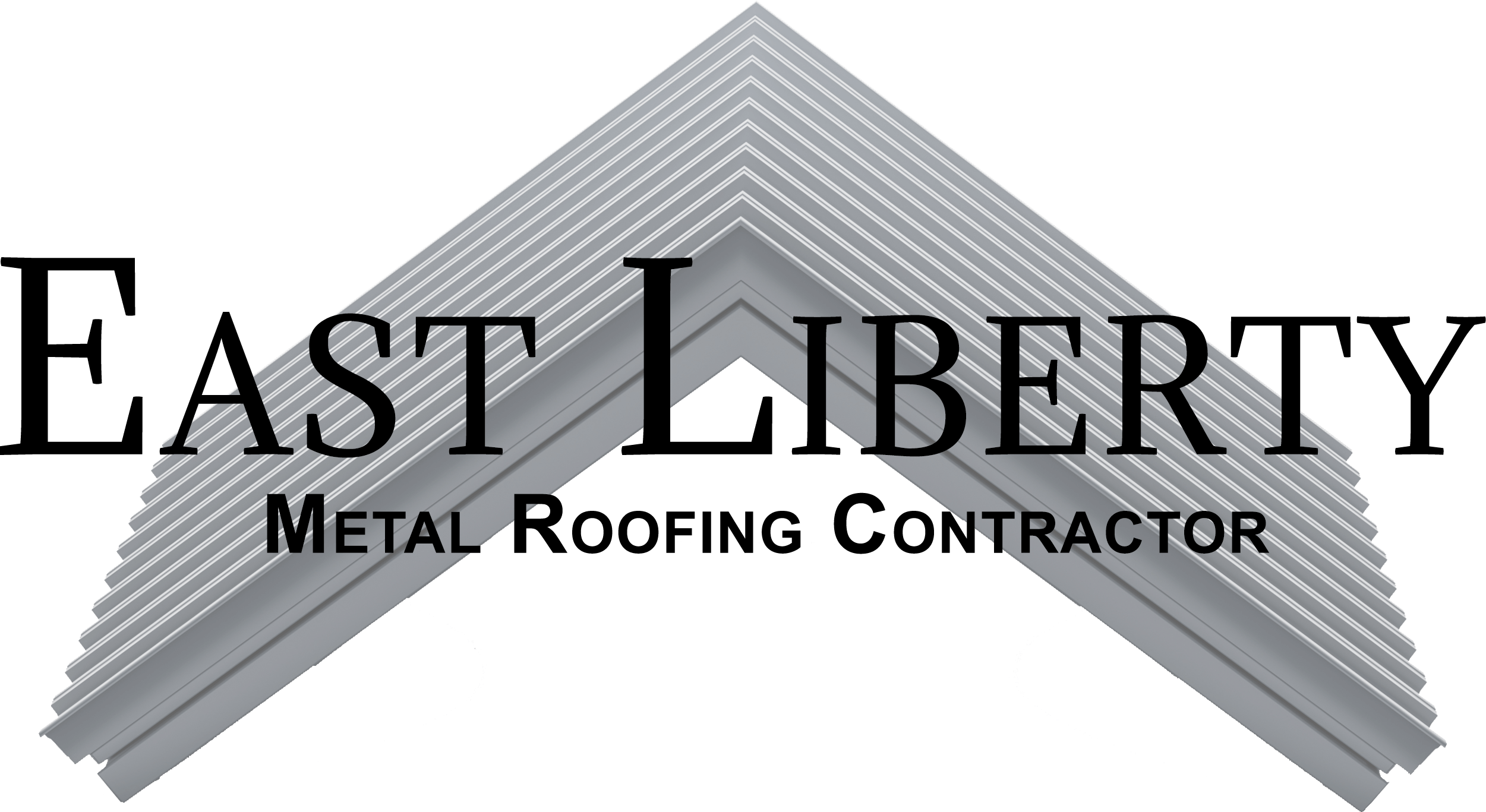A stack of white metal roofing sheets arranged in a V shape with the partial text "EAST LIBERTY METAL ROOFING CONTRACTOR" overlaid.