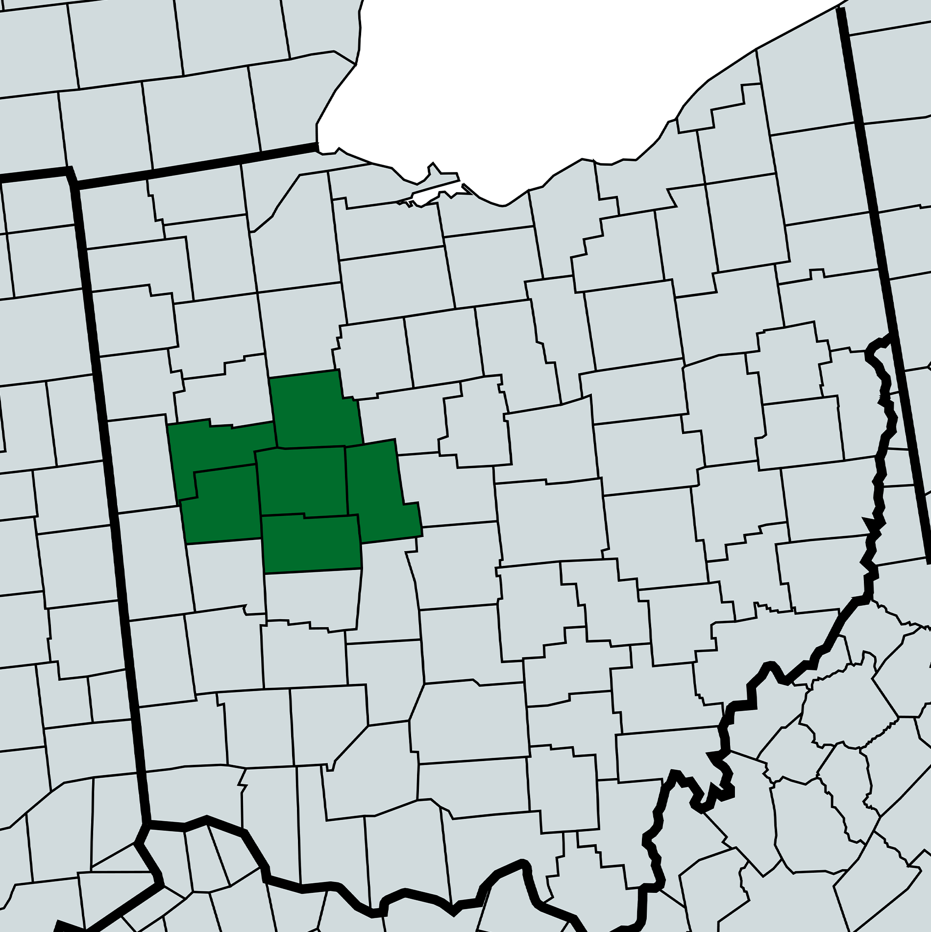 Map highlighting several adjacent counties in western Ohio in green, with the rest of the counties in light gray and black lines marking county boundaries.