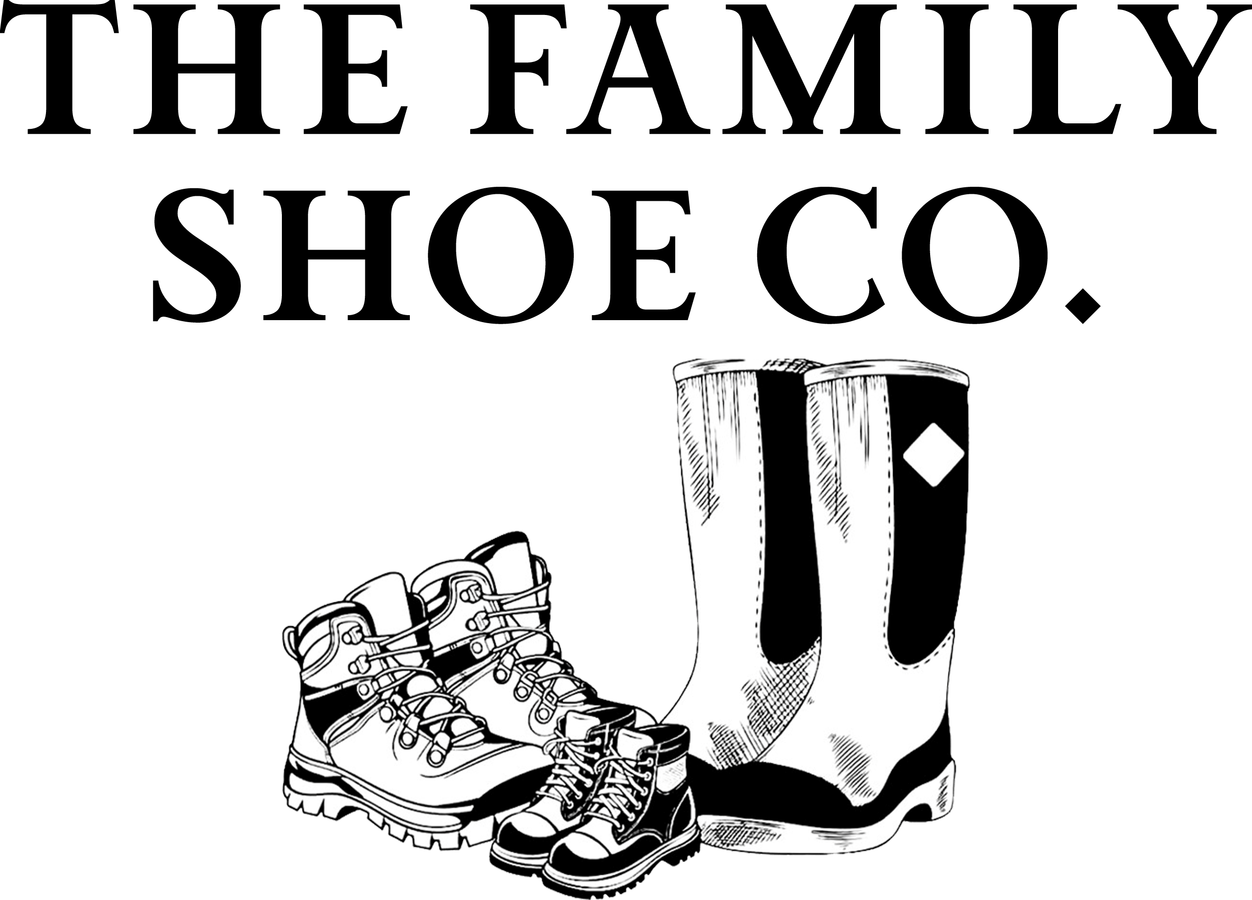 The Family Shoe Co. Middlefield, OH Illustration of two pairs of lace-up hiking boots in different sizes and a pair of tall rubber boots, all arranged side by side.