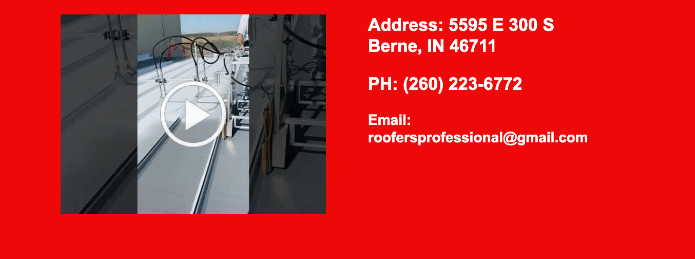 Screenshot with a metal roof, a play button, and contact details for a roofing business including address, phone number, and email on a red background.