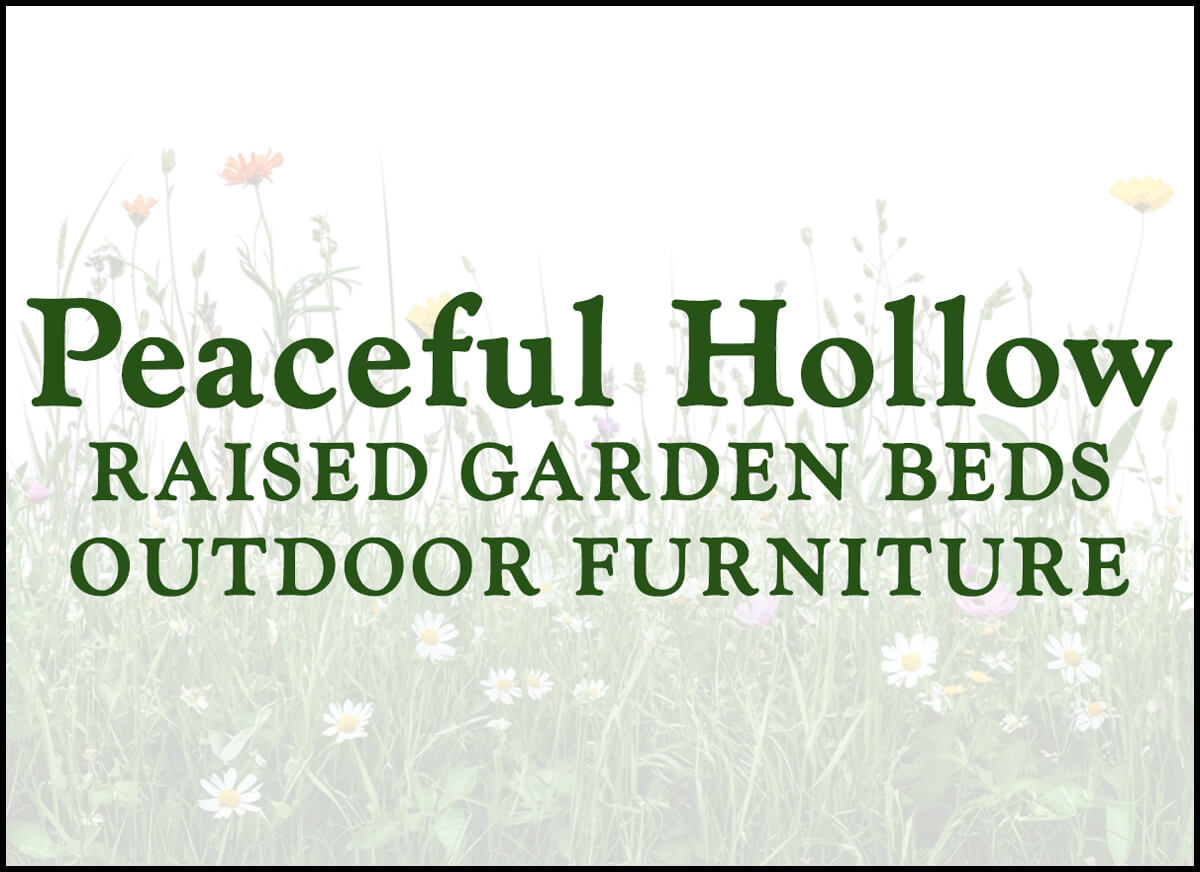 5.8.25 Peaceful Hollow Raised Garden Beds JPB Summary Graphic Small Sign reading "Peaceful Hollow Raised Garden Beds" against a background of wildflowers and grass.
