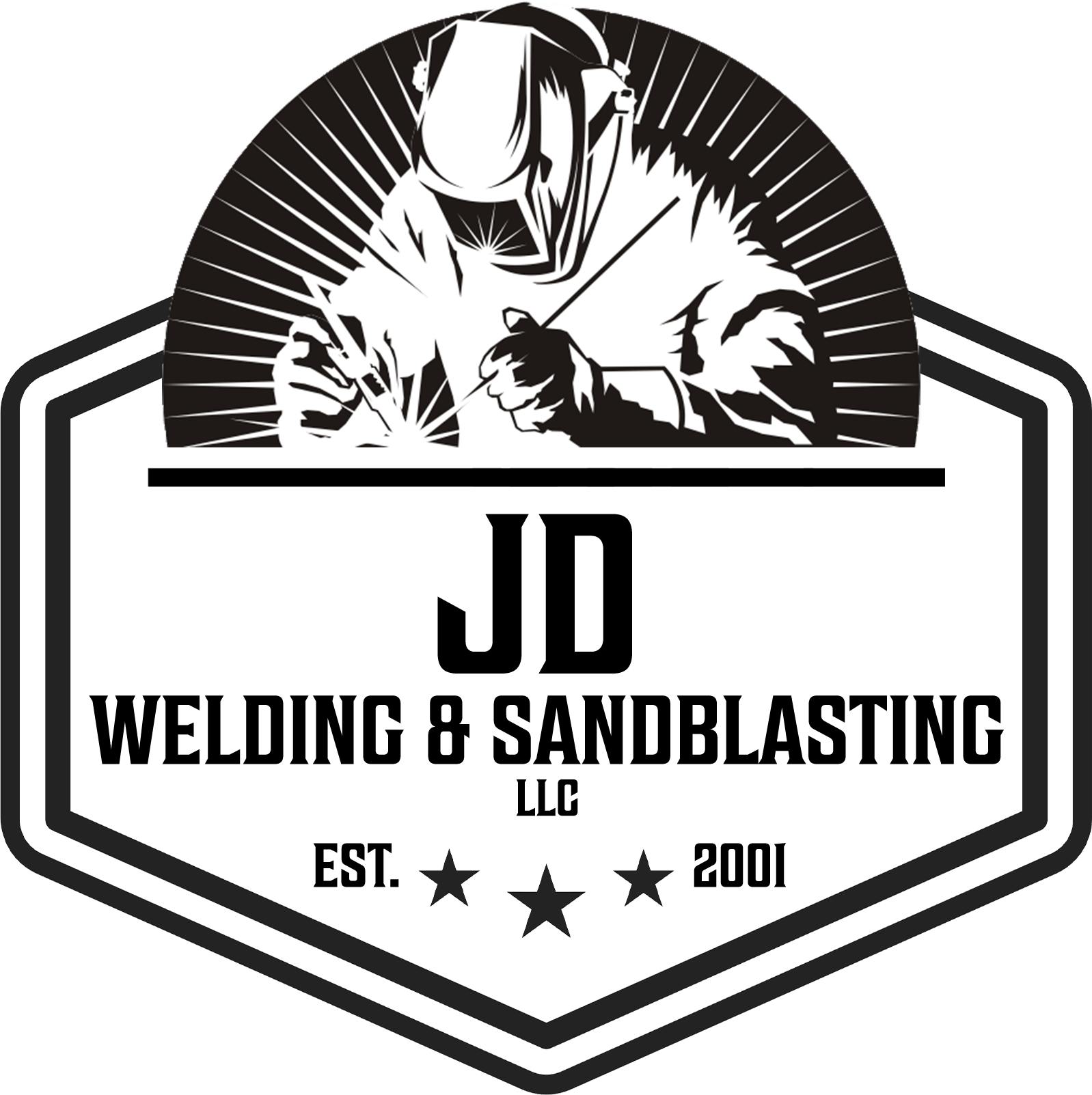 JD Welding & Sandblasting Mifflinburg PA Black and white illustration of a welder wearing protective gear and using a welding torch, framed by a shield-shaped badge with three stars at the bottom.