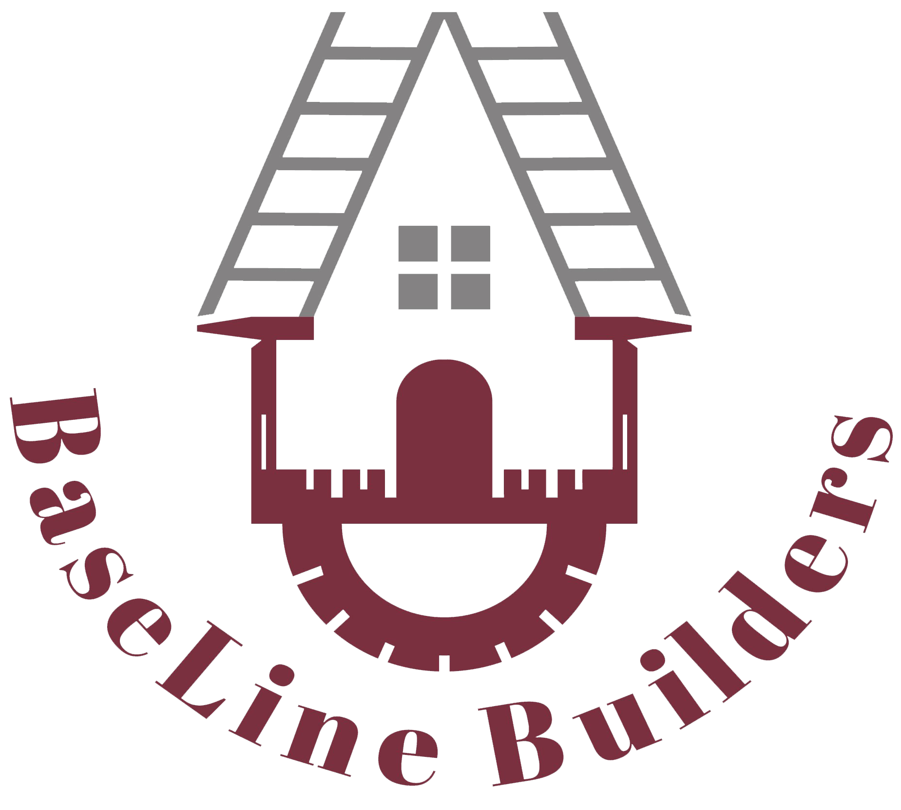 Baseline Builders Grabill, IN Logo featuring a stylized house with a roof, window, and archway, surrounded by the text "BaseLine Builders" in a semi-circular arrangement.