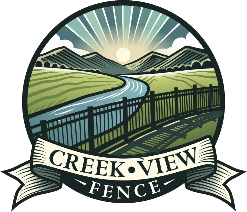 Creek View Fence Stevens, PA Logo for Creek View Fence, featuring a fence running alongside a creek with hills and a sunrise in the background.