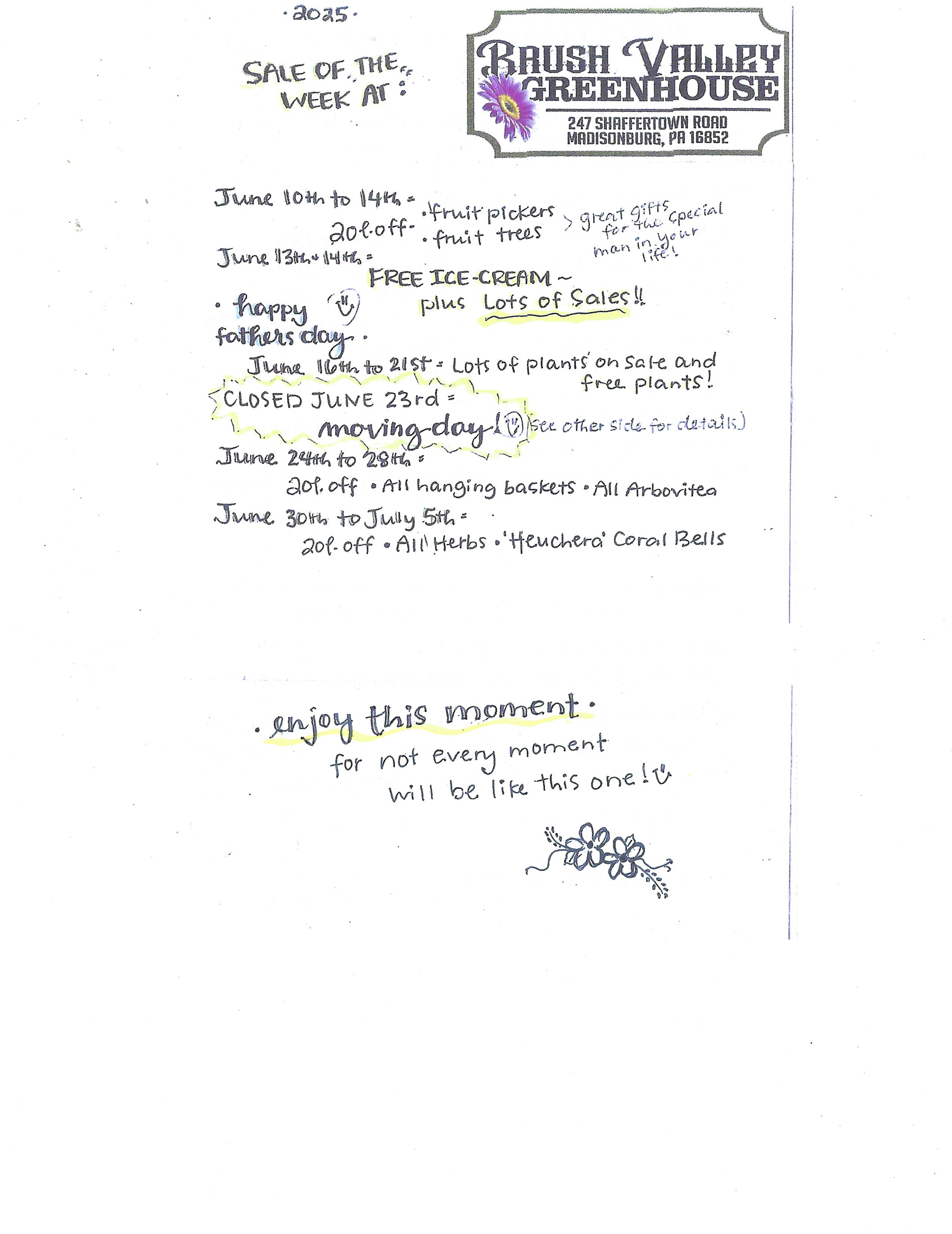 A flyer for Brush Valley Greenhouse listing June 2025 sale dates, discounts on plants, free ice cream, and a handwritten note saying 