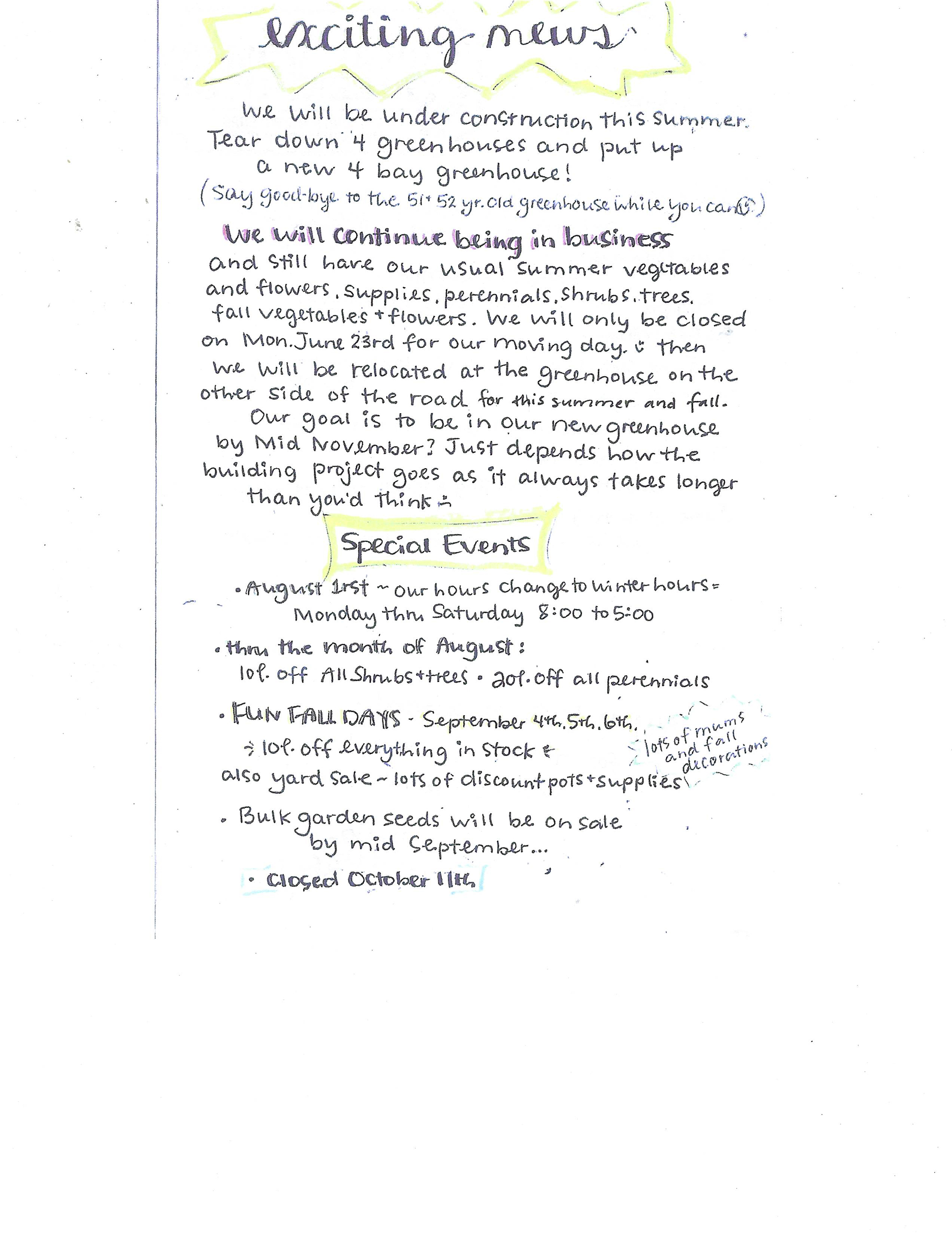 Handwritten notice announcing greenhouse construction with dates of closure, relocation details, service changes, and a list of special events happening in August, September, and October.