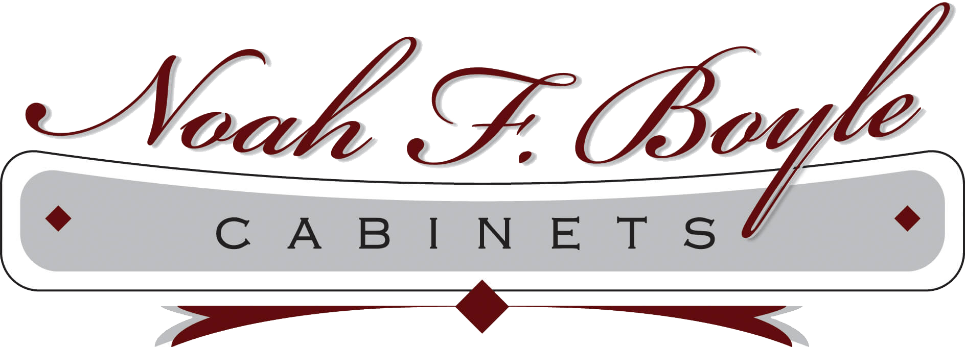 Noah F. Boyle Cabinets Elizabethtown, PA Logo for Noah F. Boyle Cabinets, featuring elegant script text above a gray banner with the word "CABINETS" in black capital letters and red diamond accents.