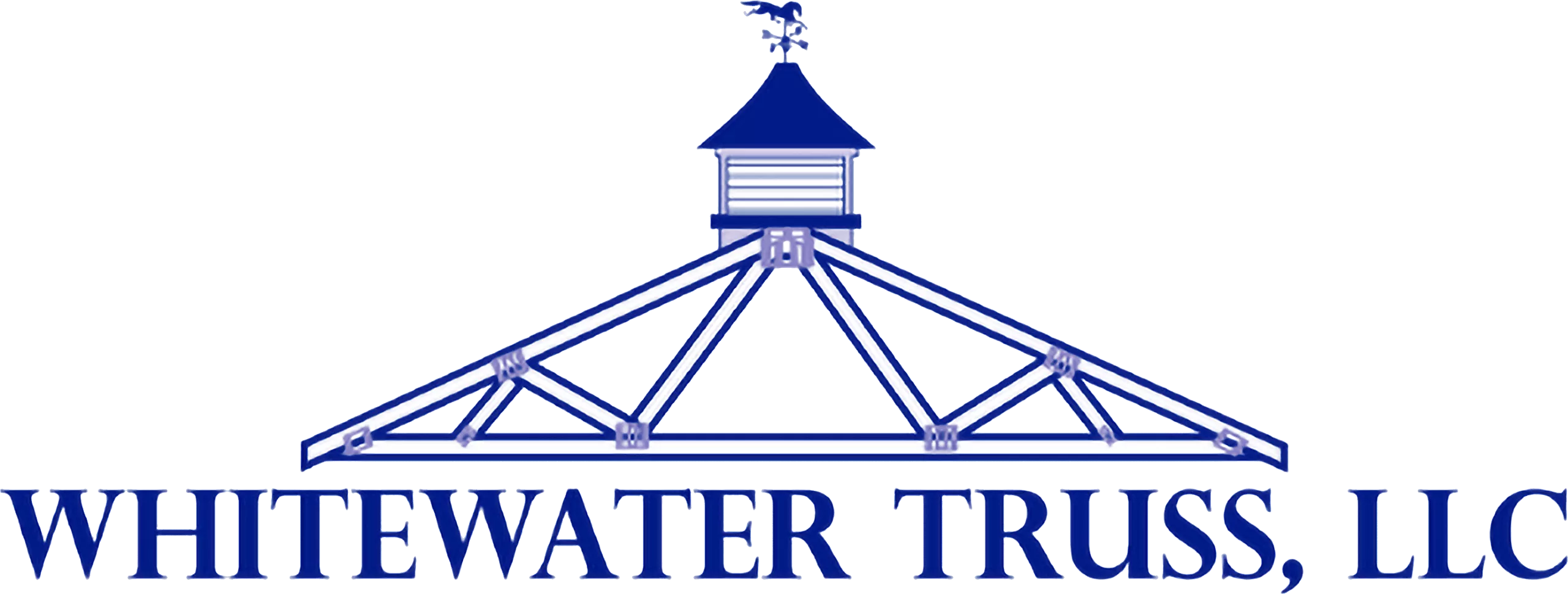 Logo for Whitewater Truss, LLC featuring a blue roof truss structure with a cupola and weather vane above the company name in blue capital letters.