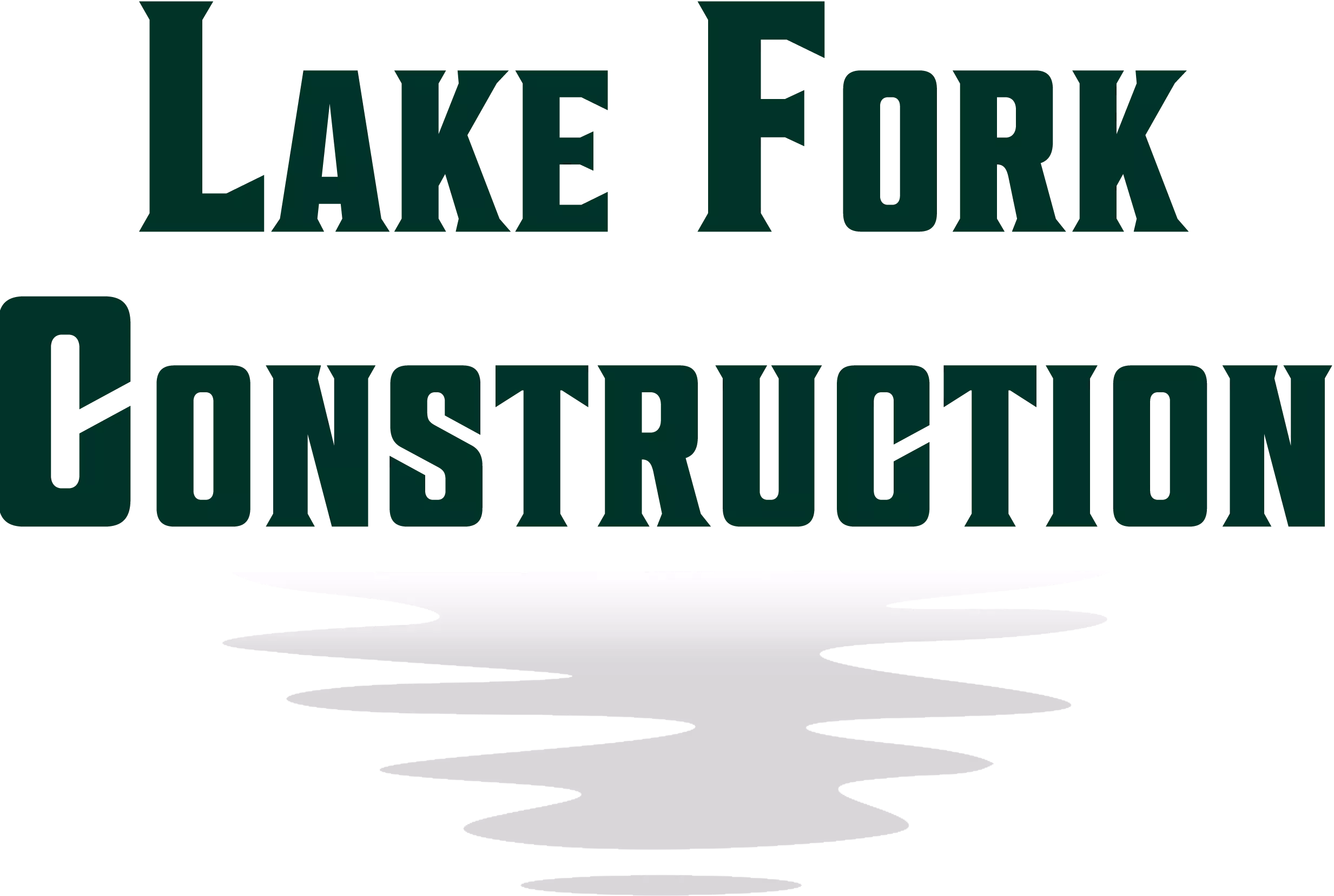 The logo displays "Lake Fork Construction" in large, dark green text above a stylized graphic resembling a water reflection.