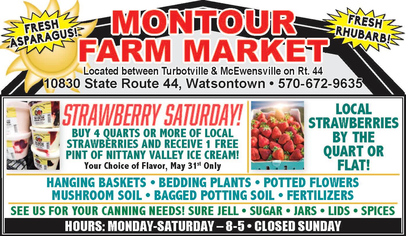 Advertisement for Montour Farm Market promoting strawberries, asparagus, rhubarb, and gardening supplies, with details on location, special offers, hours, and contact information.