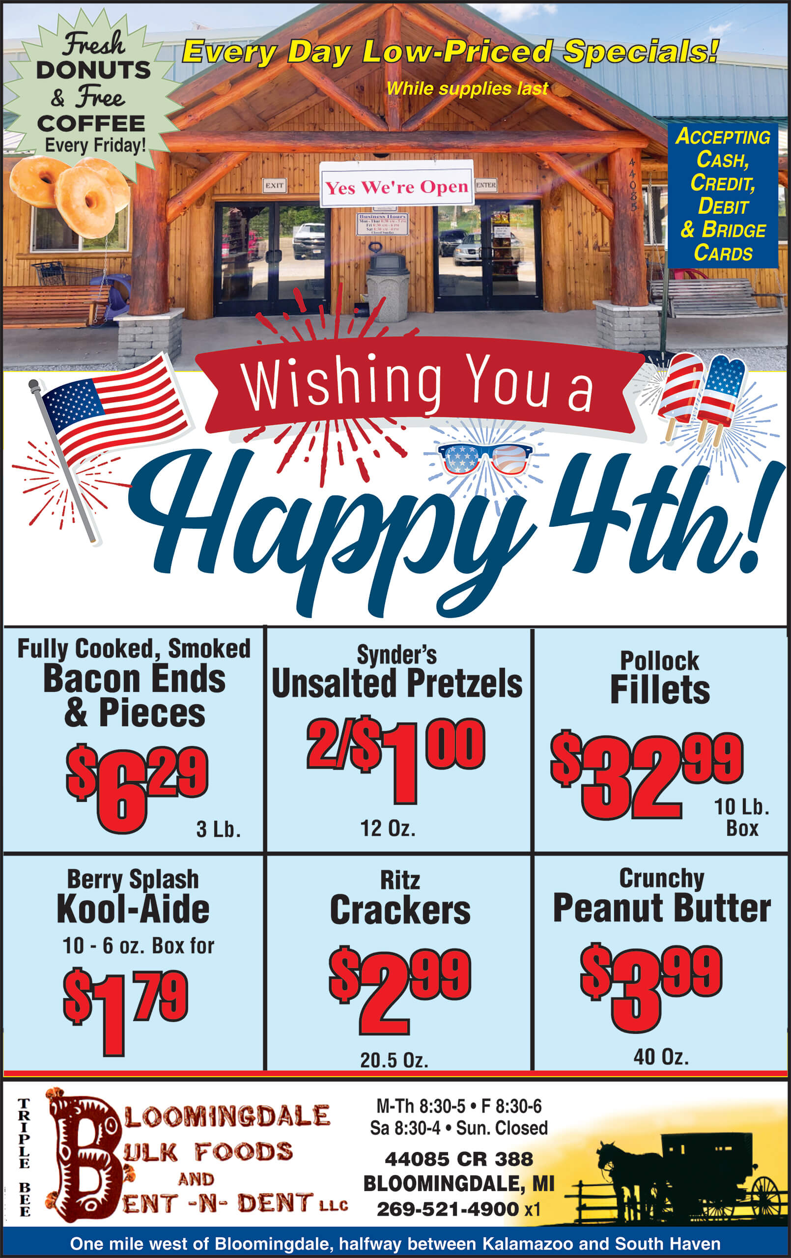 Flyer for Bloomingdale Bulk Foods advertising 4th of July specials on various grocery items, store hours, contact info, and a banner reading 