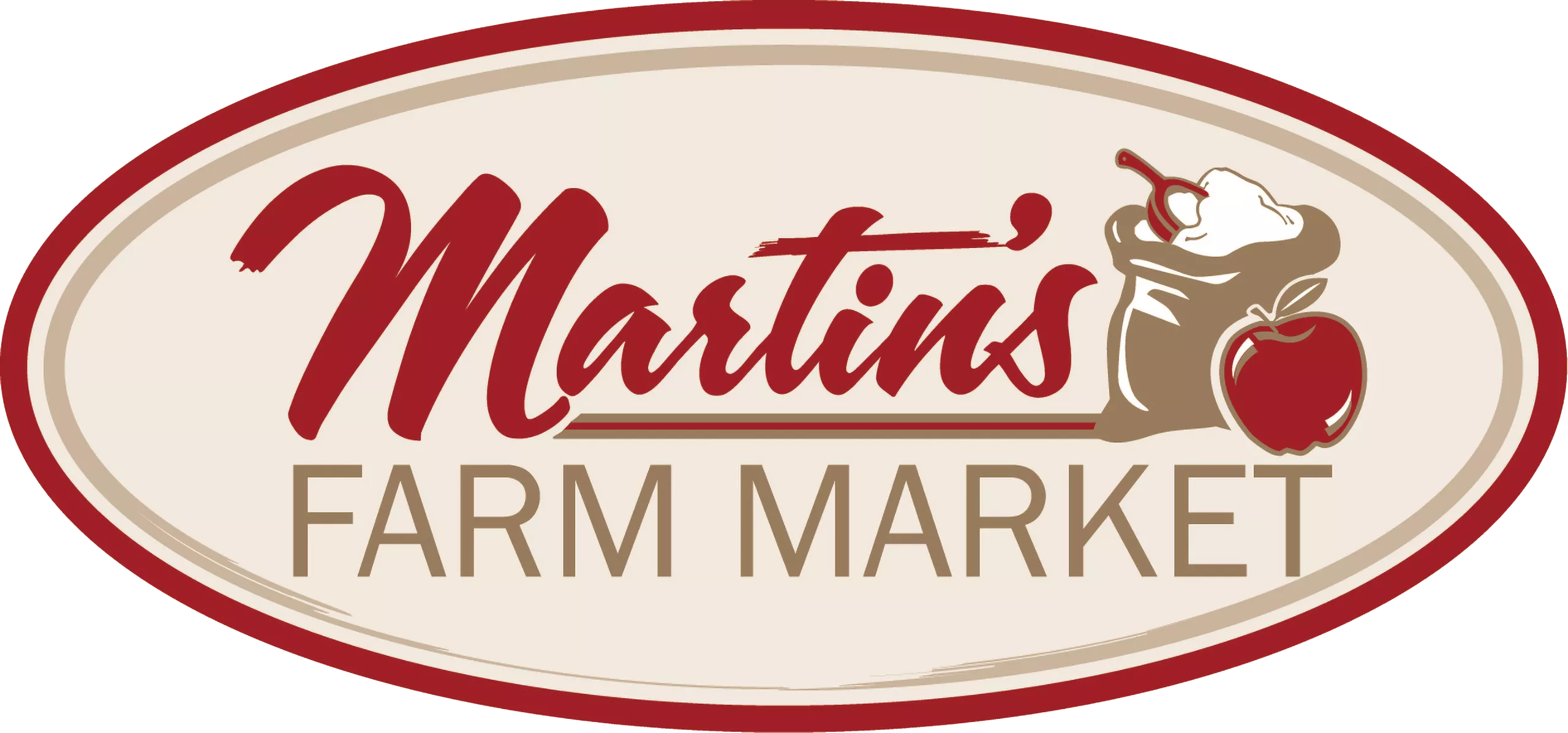 Martin's Farm Market Hagerstown MD Myersville MD Logo for Martin's Farm Market featuring stylized text, a bag with produce, and an apple, all within an oval border.