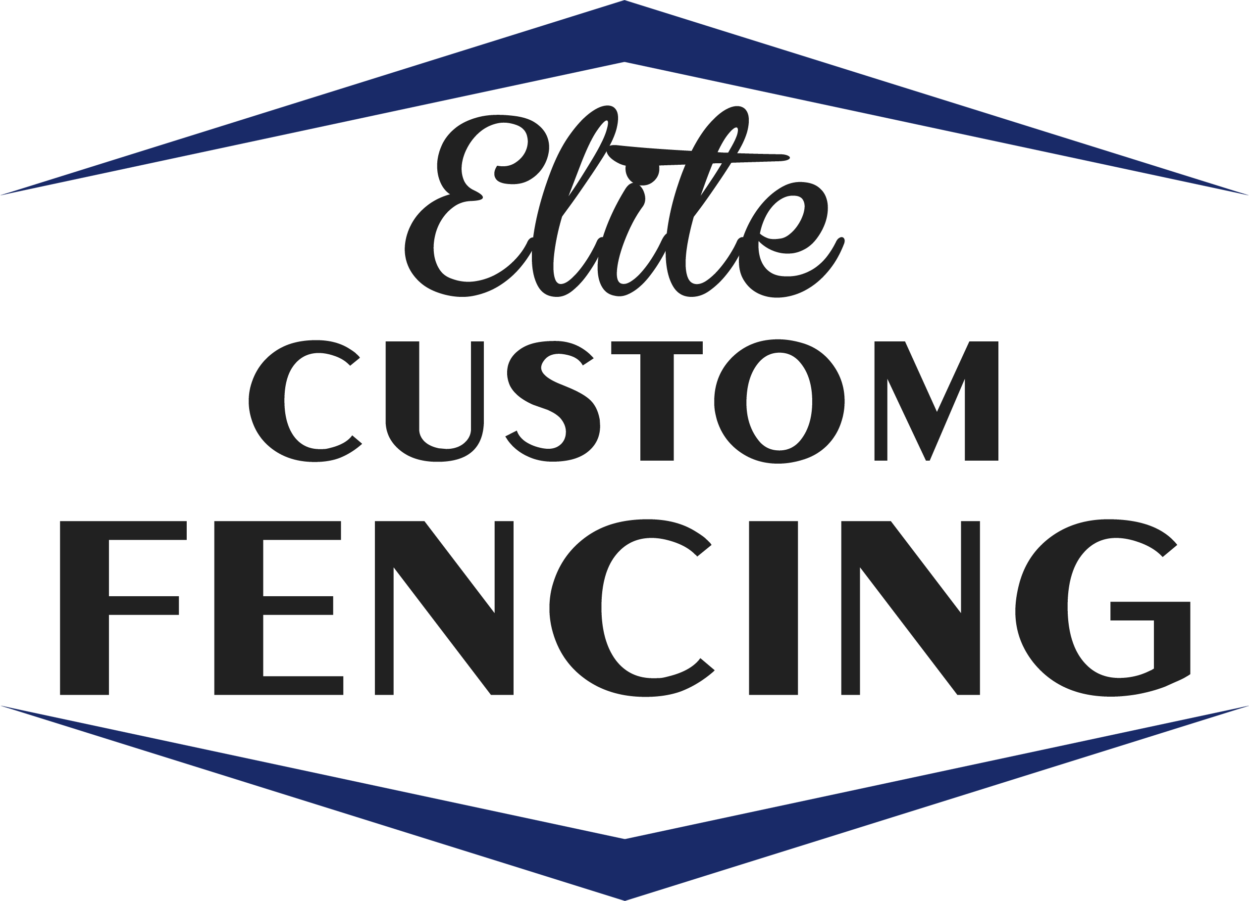 Elite Custom Fencing Humboldt IL Logo with the text "Elite Custom Fencing" in bold and script fonts, enclosed by a blue geometric border.