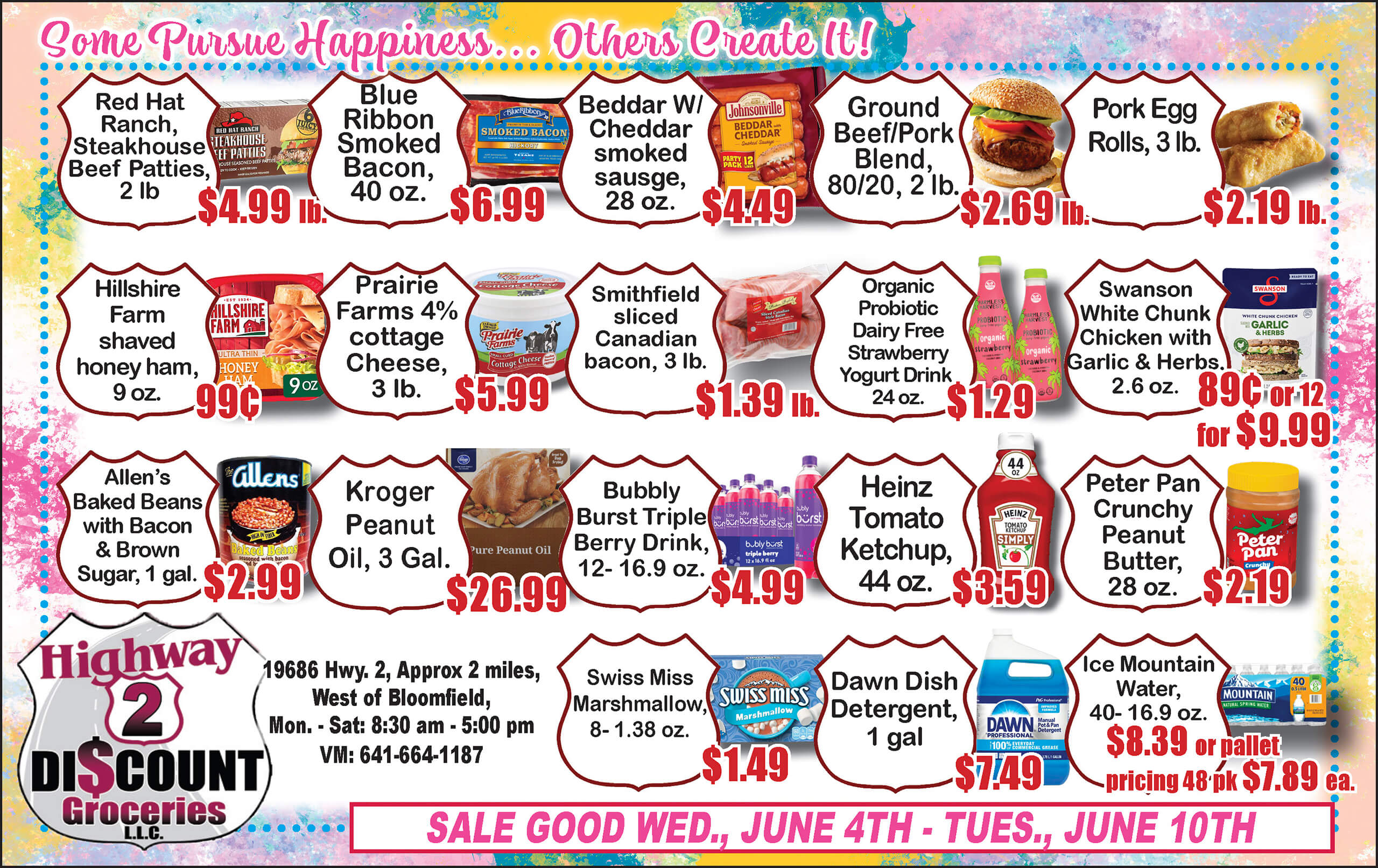 Grocery store ad featuring meats, dairy, frozen goods, condiments, and cleaning products with prices; sale valid June 4–10 at Highway 2 Discount Groceries LLC.
