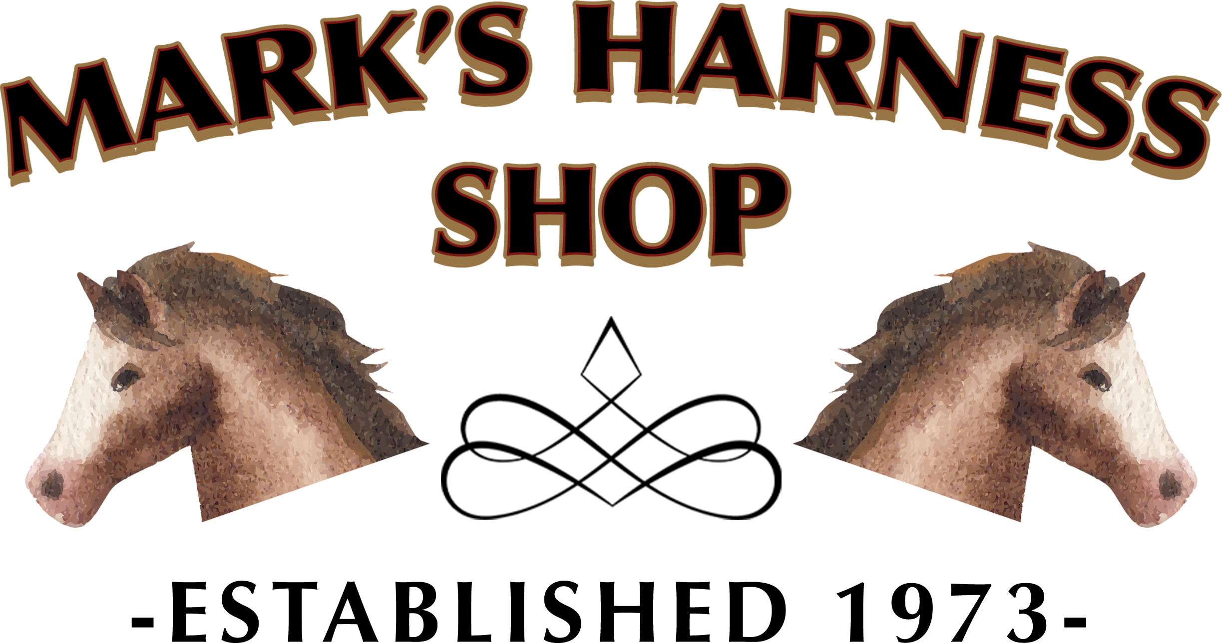6.3.25 Mark's Harness Shop Logo Logo for Mark's Harness Shop featuring the shop name in bold letters above two illustrated horse heads facing outward.