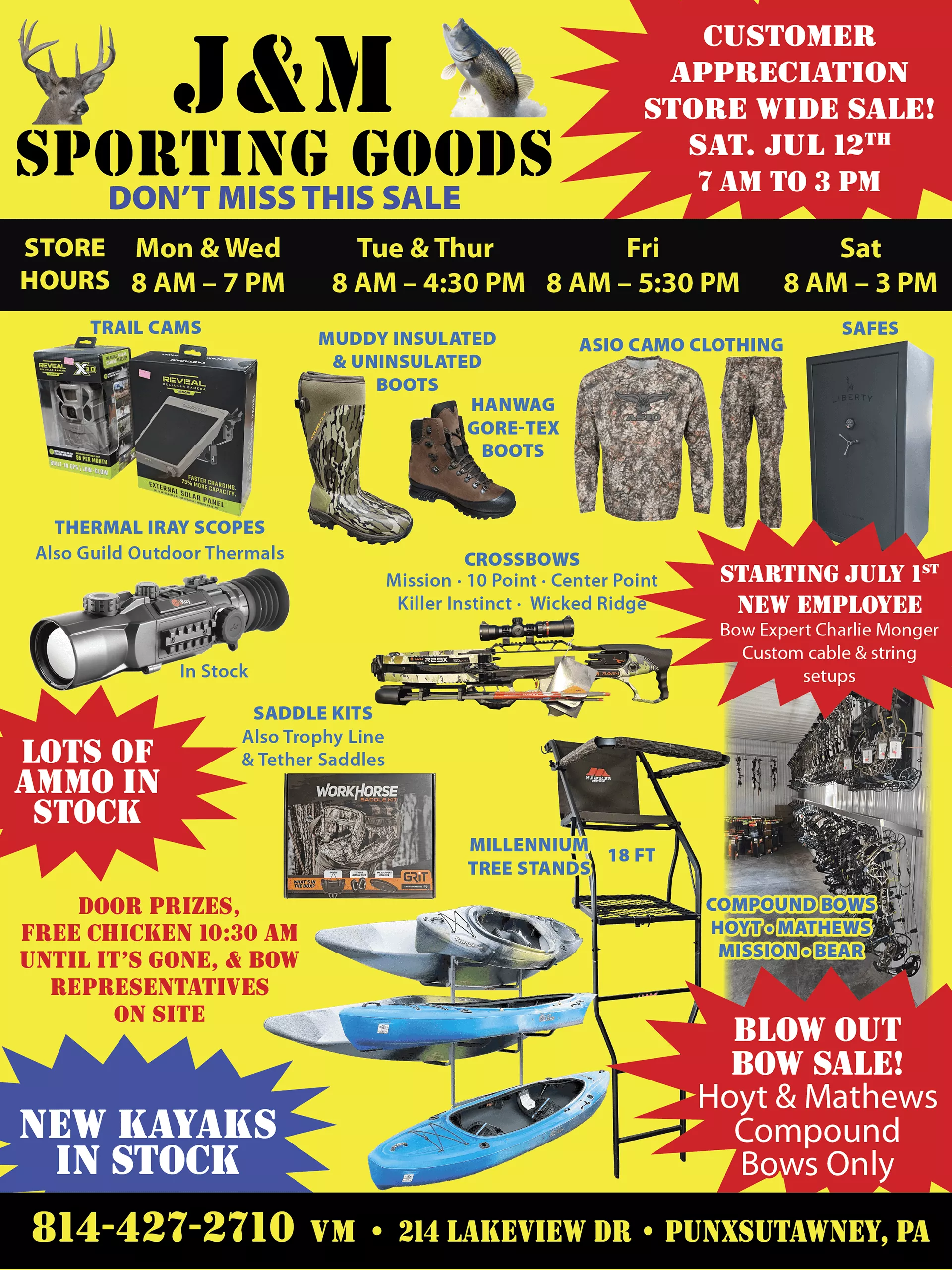 J&M Sporting Goods sale flyer with store hours, ammo deals, outdoor gear, camo clothing, hunting accessories, new kayaks, and special offers highlighted on a yellow background.