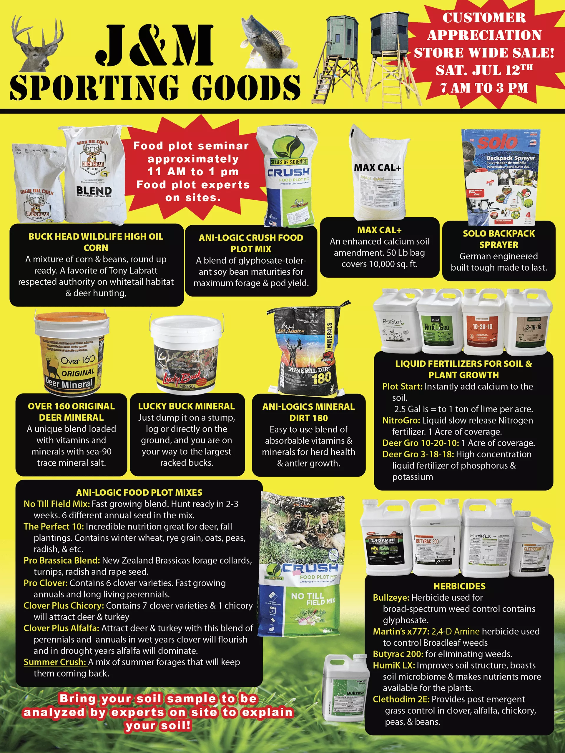 J&M Sporting Goods flyer showing food plot products, mineral supplements, hunting supplies, fertilizer, and a storewide sale event on Sat. July 12th from 7am to 3pm.