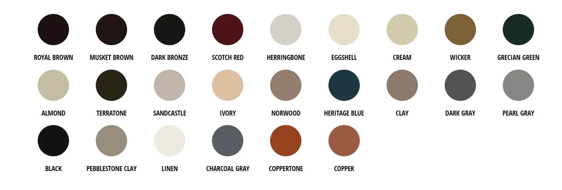 A color chart showing 24 circular swatches labeled with names, including various shades of brown, gray, beige, blue, red, green, and cream.