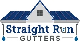 Straight Run Gutters Smithsburg M Logo for "Straight Run Gutters" featuring a house with a blue roof, gray gutters, and water drops at both ends. The company name is displayed below the house graphic.