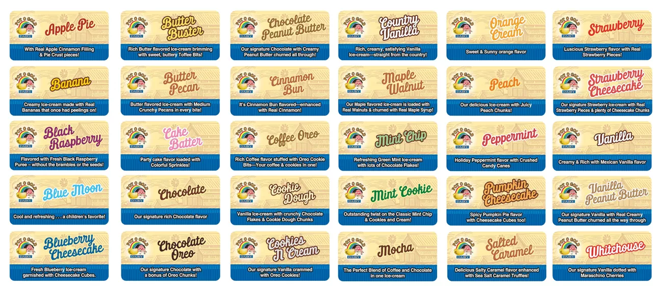 Grid of 30 ice cream flavor labels, each with a brief description and a small logo, arranged in five rows of six flavors each.